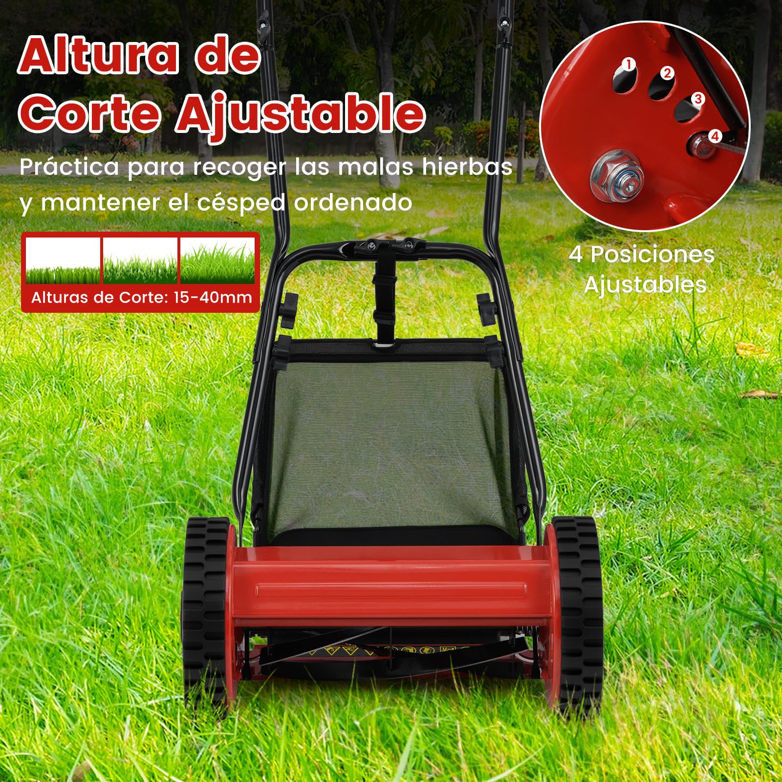 GOPLUS Cortacésped Manual con Bolsa de Recogida de 18,5L, Cuchilla Afilada, Altura de Corte Ajustable, Mango en Forma de U, Ruedas Grandes, Cortacésped Portátil para Césped, Jardín, Granja