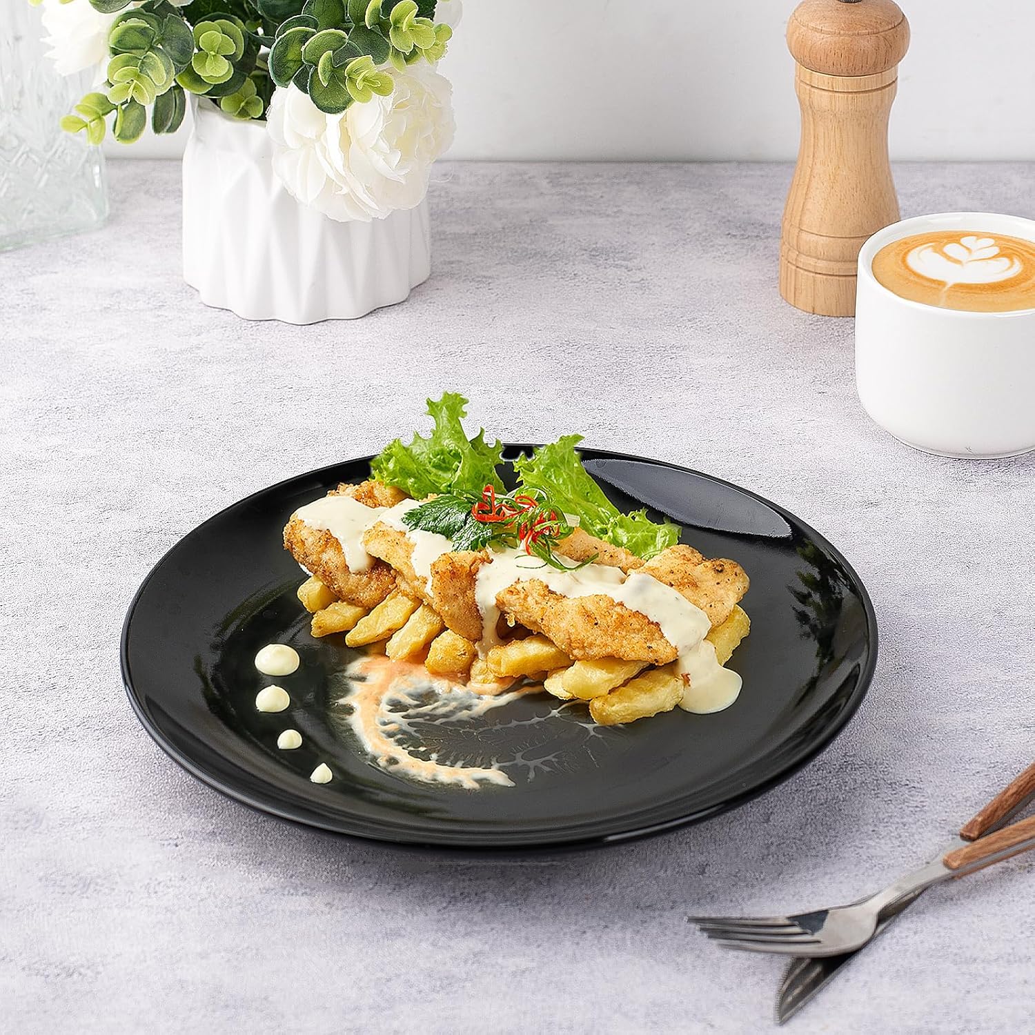 DELLING 10 Inch Black Dinner Plates Set of 6, Porcelain Round Plates - Microwave, Dishwasher & Oven Safe - Chip Resistant Dark Ceramic Plates for Family Dining, Entertaining, Food Photography