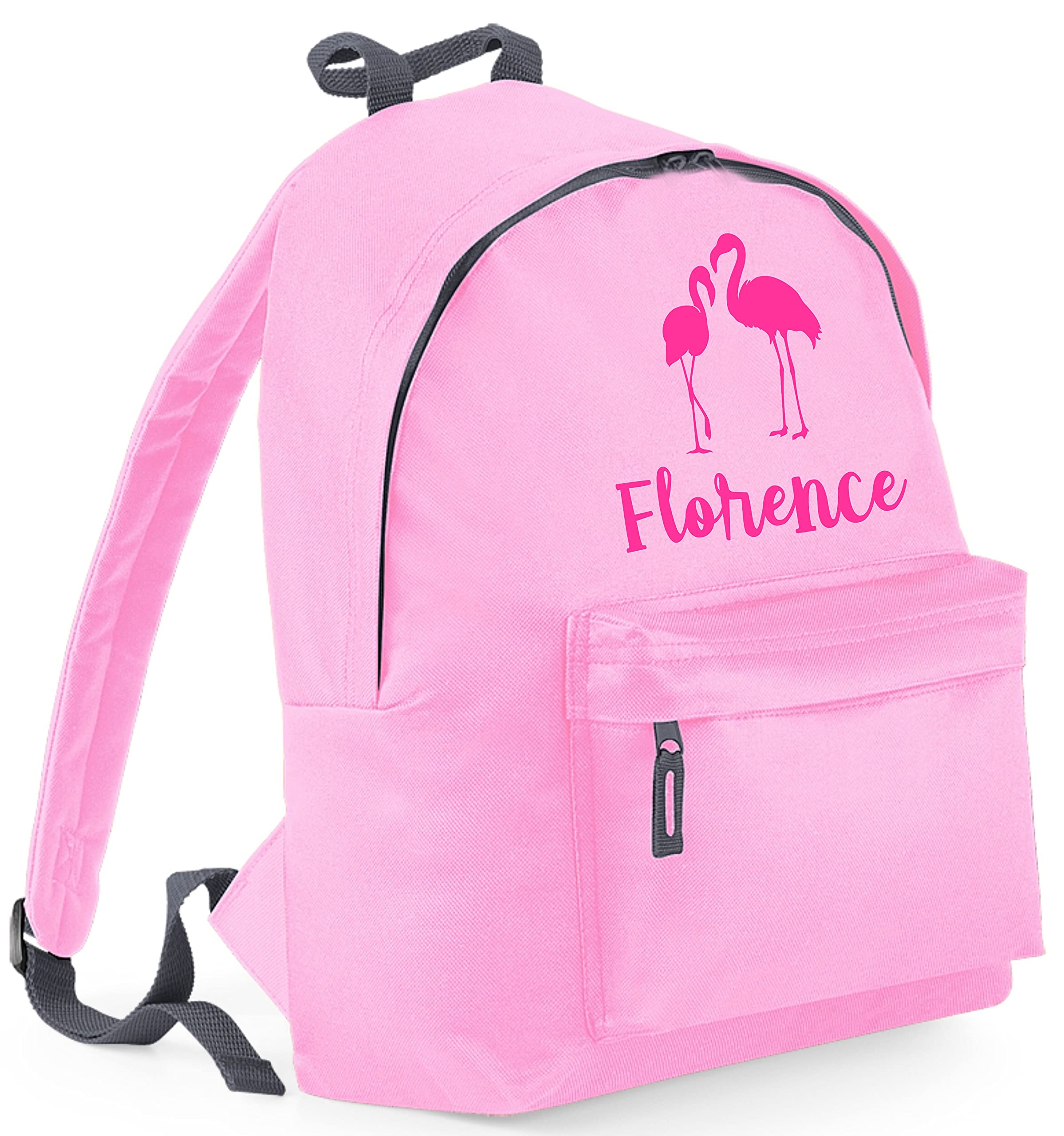 Edward Sinclair Pale Pink Personalised Flamingo And Name Backpack With Hot Pink Print