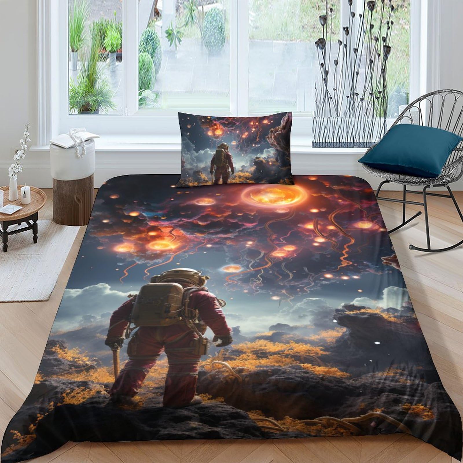 Parure de couette hypoallergénique 3D Mars et astronaute avec housse 135x200 cm
