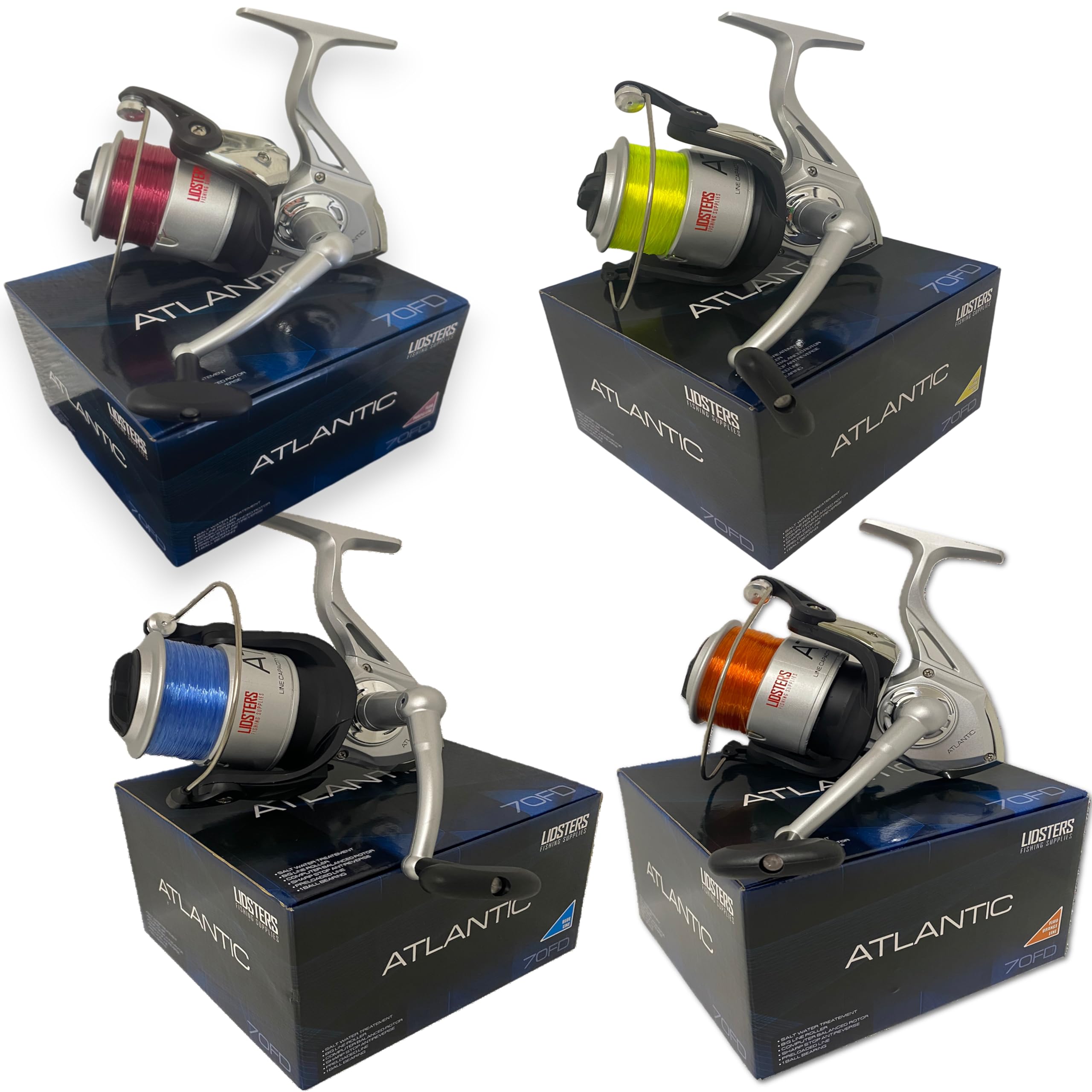 LARGE ATLANTIC 70 FD SEA FISHING LIDSTERS BEACH PIER REEL YELLOW BLUE ORANGE 70