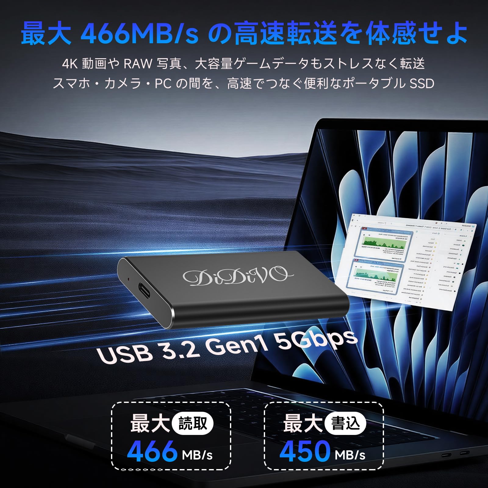 Amazon | DIDIVO 外付けSSD 2TB、最大460MB/s・USB-C/A 2 in 1ケーブル