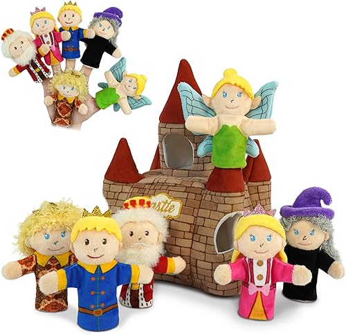7 marionetas de dedo de cuento de hadas, juego de 10 cm de marionetas de dedo de cuento de hadas de felpa suave para niños con castillo, marionetas