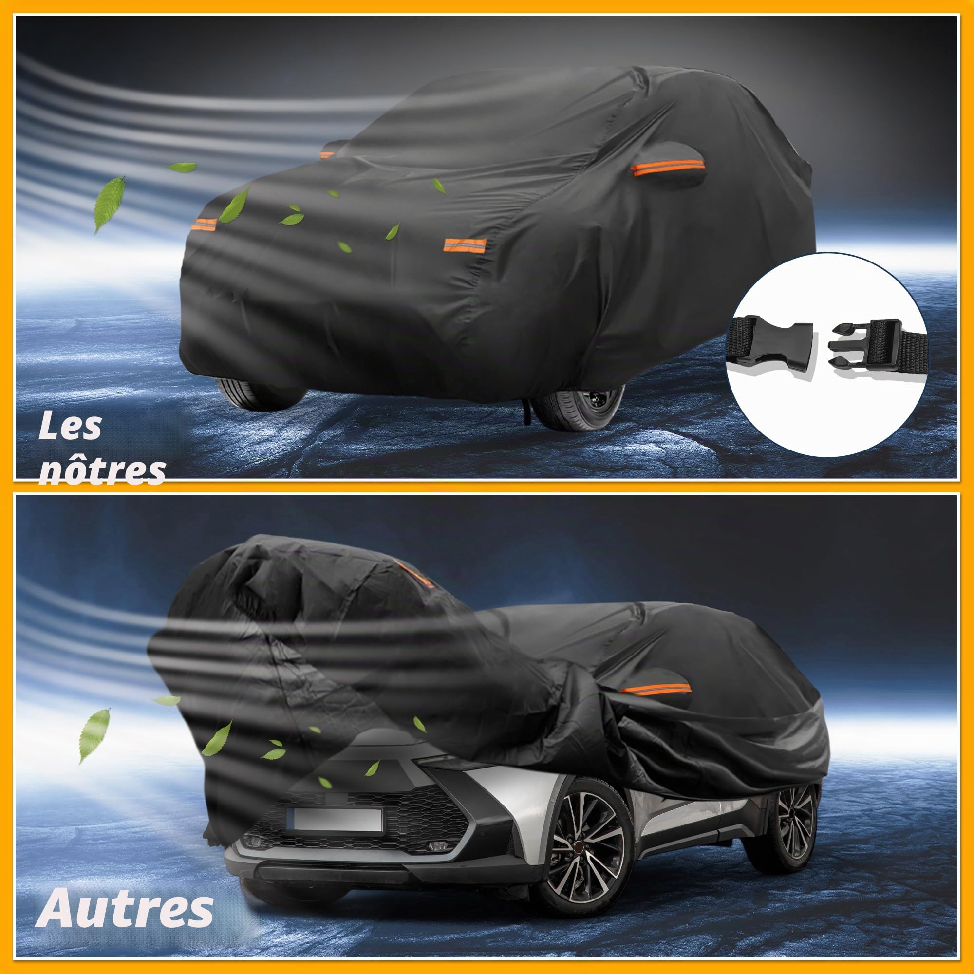 Housse De Voiture Étanche Toutes Saisons pour Toyota C-HR 1pc | Film En Aluminium Et Coton Spunlace, Noir, 452x145x135cm, Protection Soleil Pluie, Bandes Réfléchissantes, Fermeture Éclair