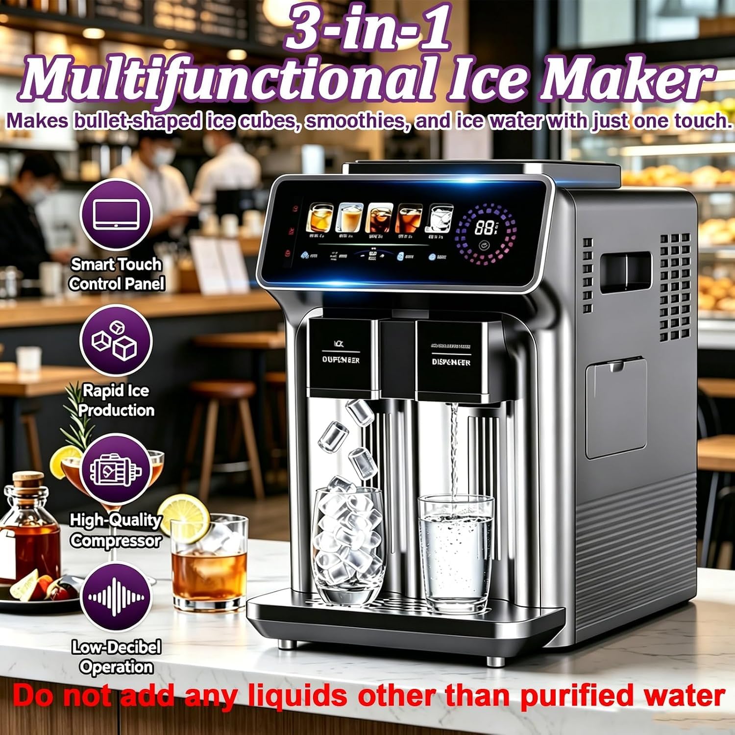 Máquina de hielo multifuncional de sobremesa con dispensador de hielo picado y agua fría, 12 cubitos en 6-10 minutos, 5 ajustes, para cocina, oficina y bar.