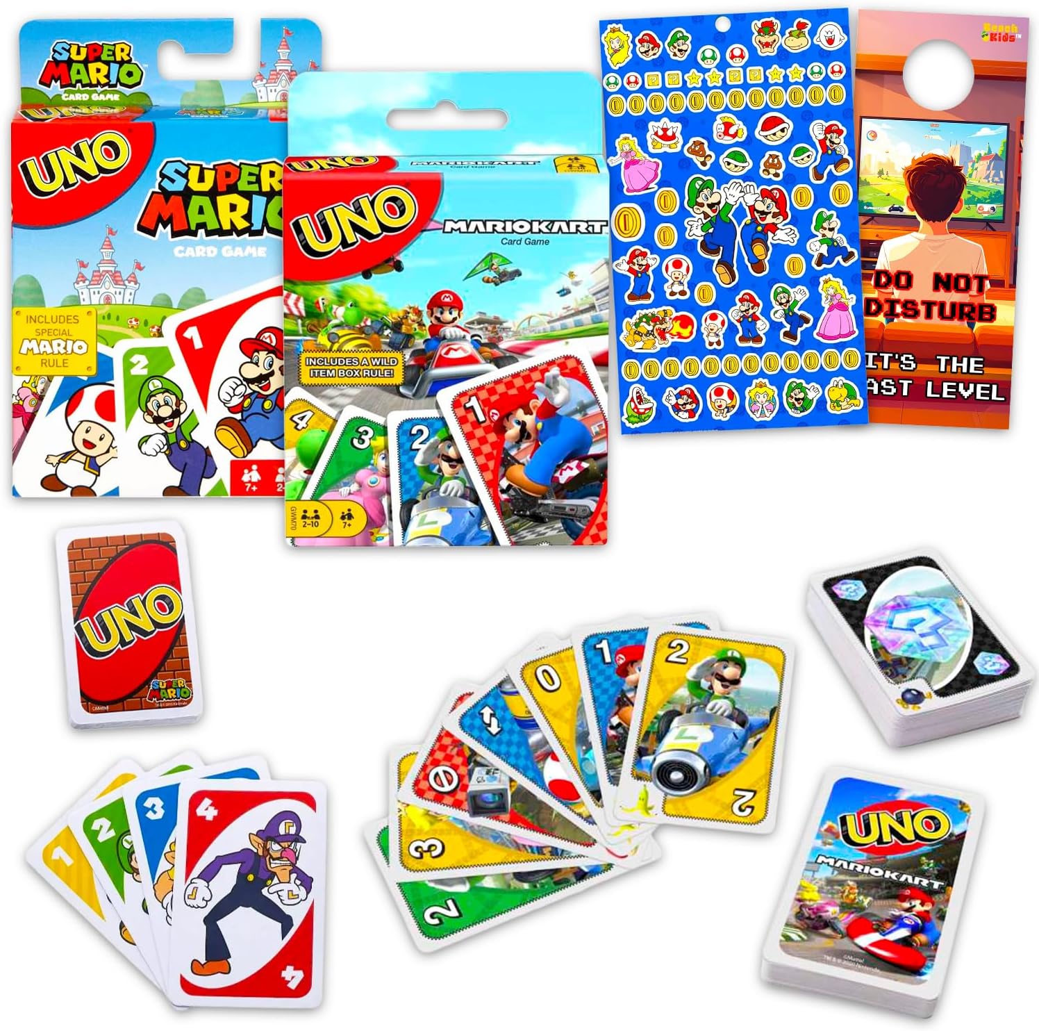 Ultimate Super Mario UNO Cards Set - Bundle with 2 Decks of Video Game UNO Cards for Kids Plus Stickers, More | Super Mario Bros Activities for Kids, Family Game Night