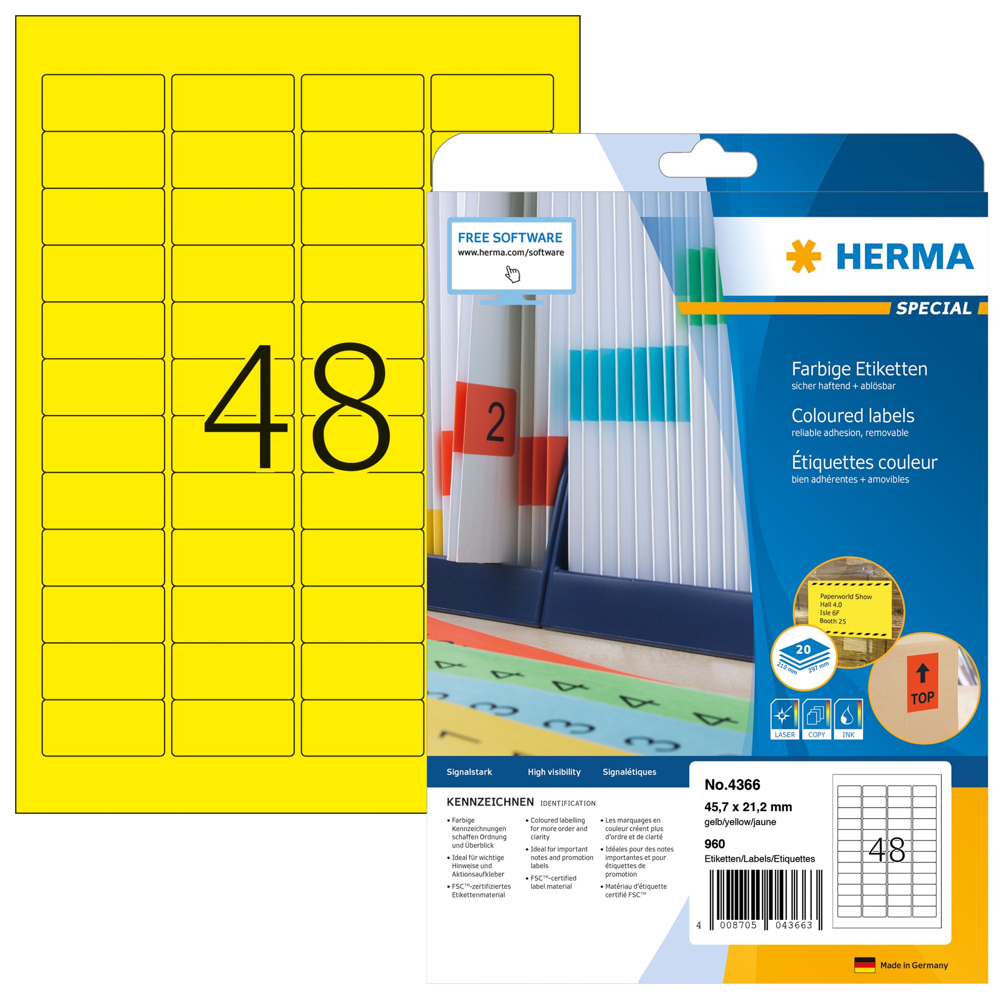 HERMA Self Adhesive Coloured Labels, 960 Labels (48 per A4 Sheet, 20 Sheets), 45.7 x 21.2 mm, Yellow Removable Colour Stickers for Laser & Inkjet Printers