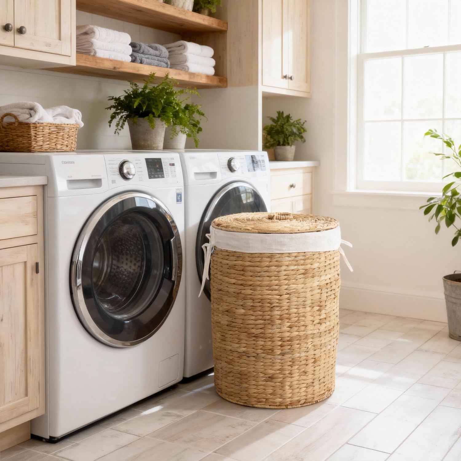 Nivora Water Hyacinth Round Laundry Hamper, Brown – Woven Clothes Basket with Removable Liner and Lid for Bedroom, Bathroom, or Nursery Laundry