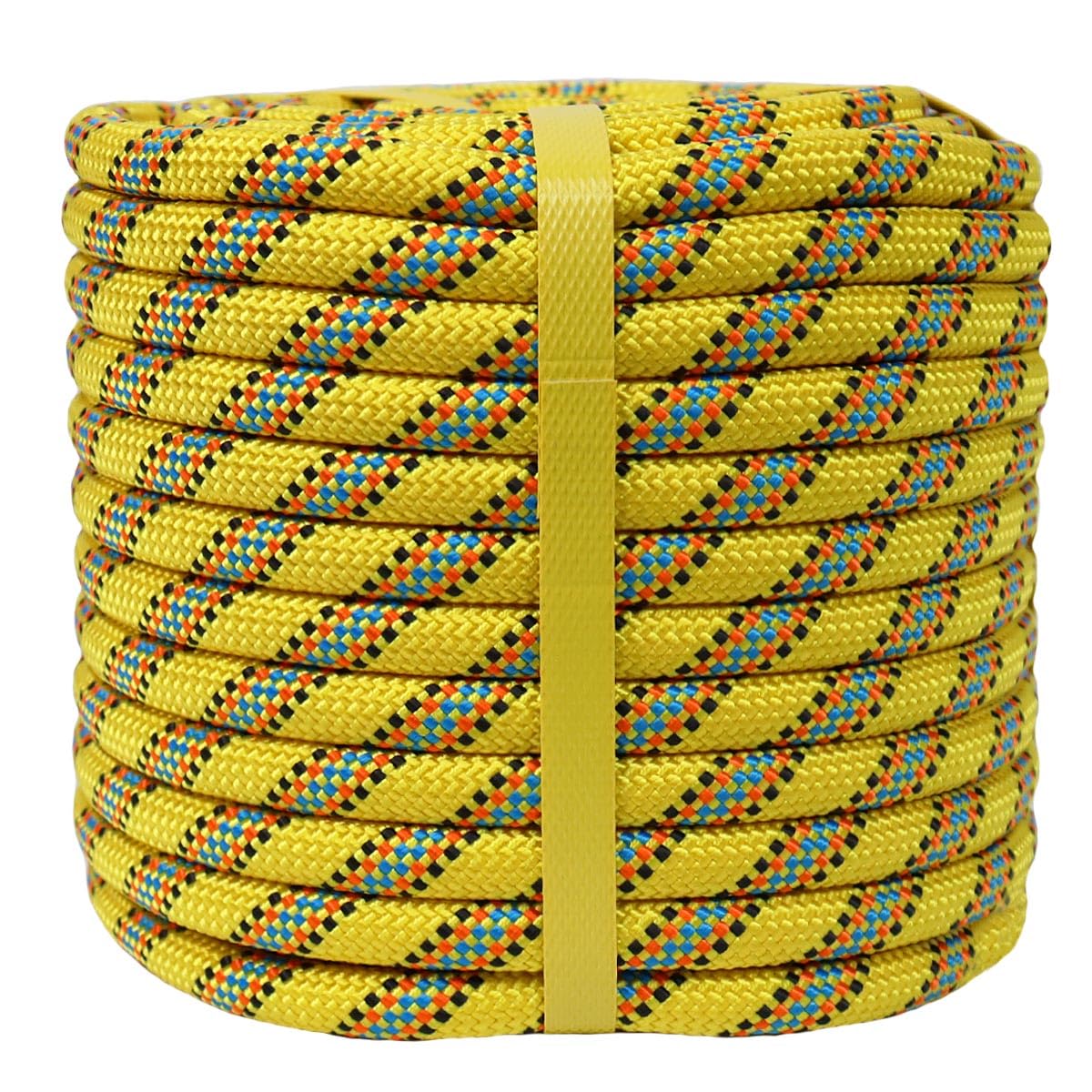 Braided Polyester Arborist Rigging Rope (3/8 inch X 100 feet) High Strength Outdoor Rope for Rock Climbing Hiking Camping Swing, Yellow/Black/Blue