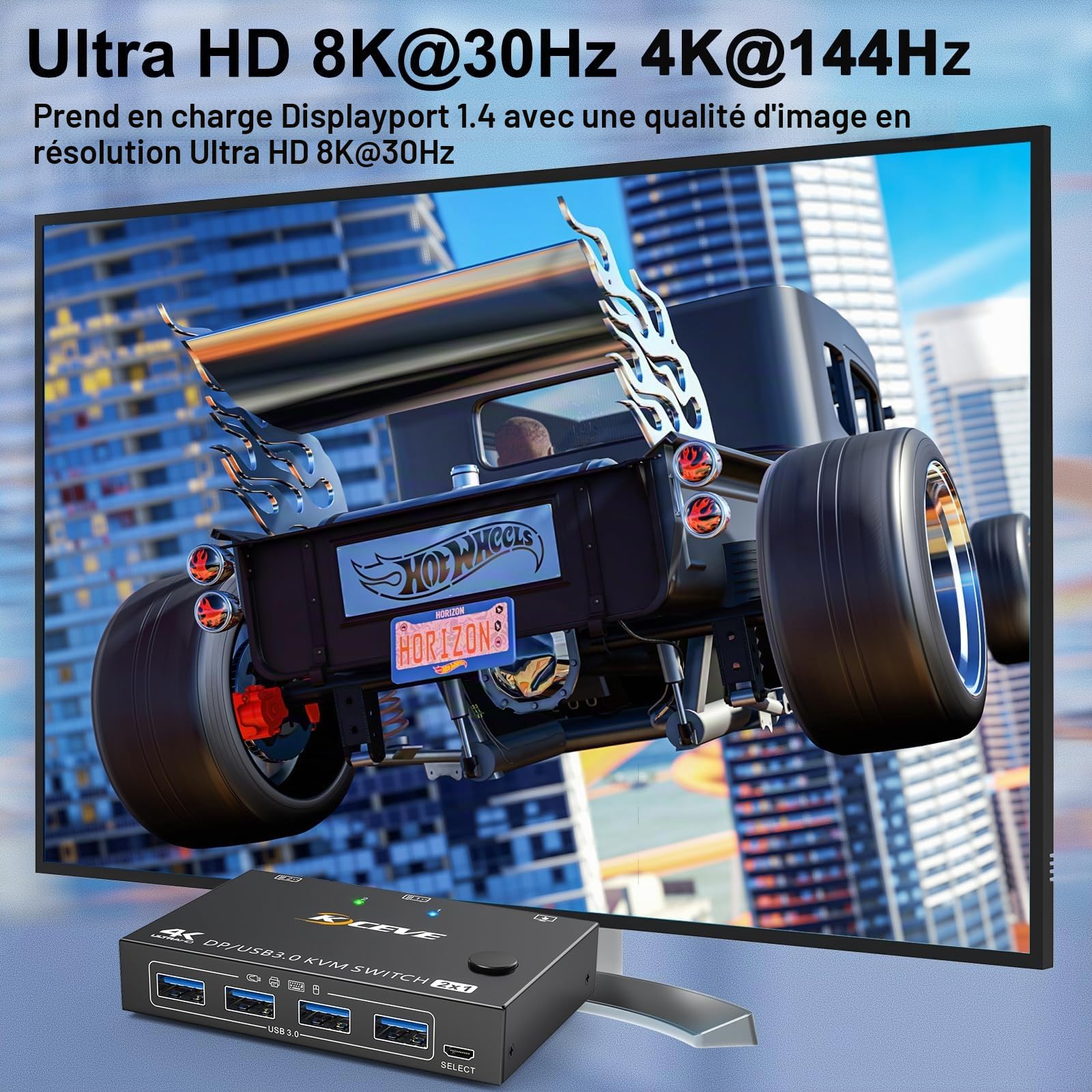 Commutateur KVM USB 3.0 Displayport 2 ports 8K à 30 Hz 4K à 144 Hz, commutateur KVM 2 PC 1 moniteur prenant en charge DP1.4 compatible avec D1.2, avec 4 ports USB 3.0 pour claviers et souris, etc.