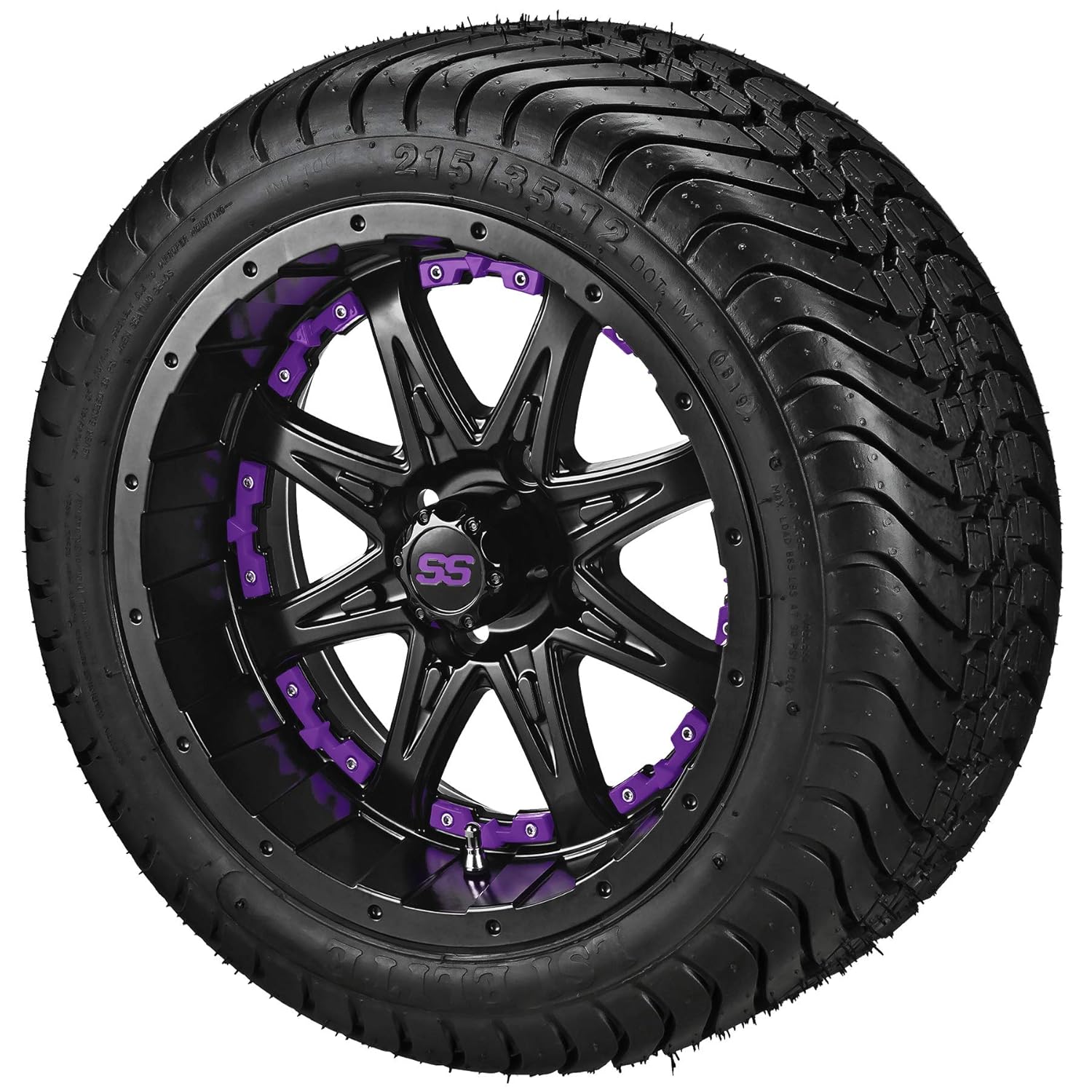 RM Cart Golf Cart Accessories 12" Revenge Matte Black on 215/35-12 LSI Elite Tires with Purple Inserts (Set of 4) | Fits Standard Lug Nuts (Club Car & EZ-Go)