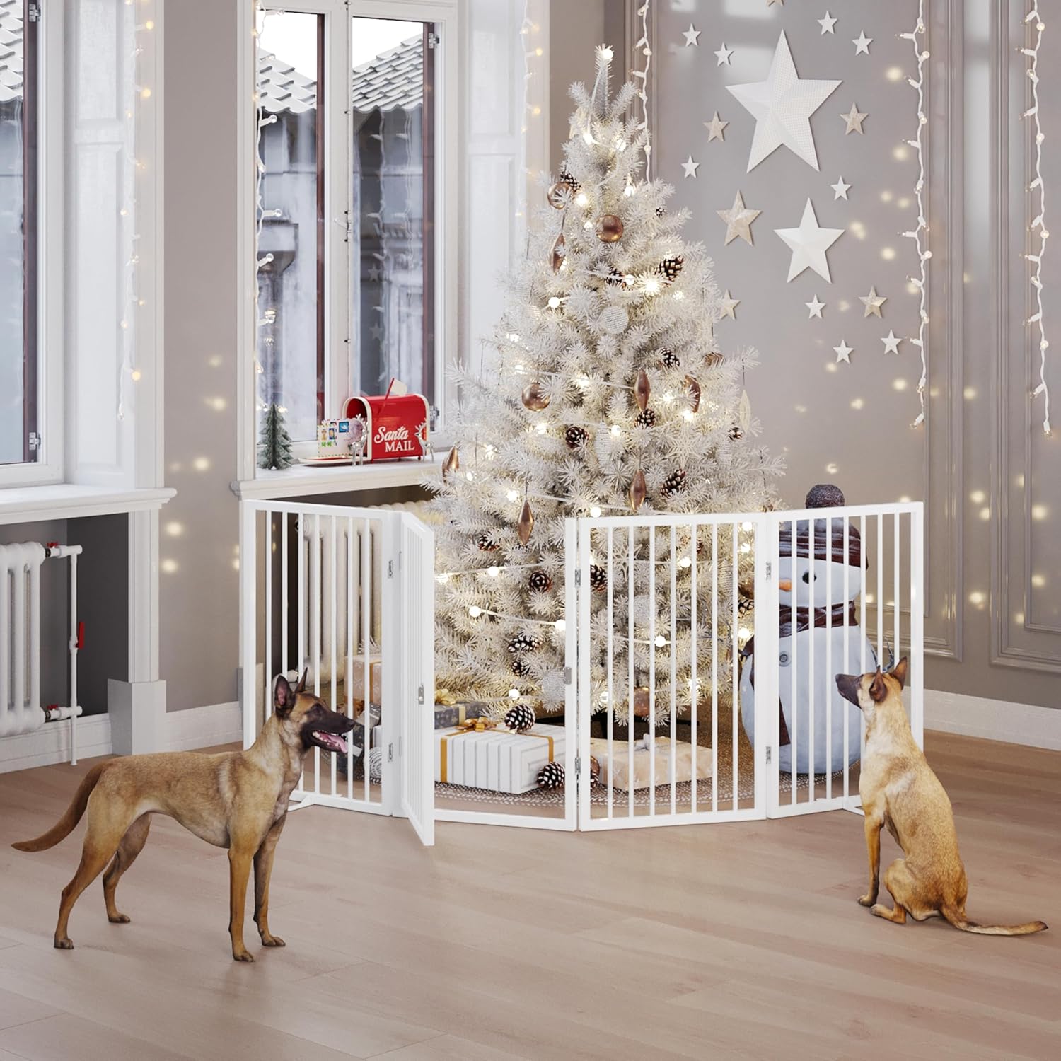 vantas folding no-assembly metal pet gate 80" wide, 24" extra tall dog gate with door walk through, freestanding accordion puppy gate dog door for indoor & outdoor, with 2pcs support - white ?4-panel with door?20w*24h white