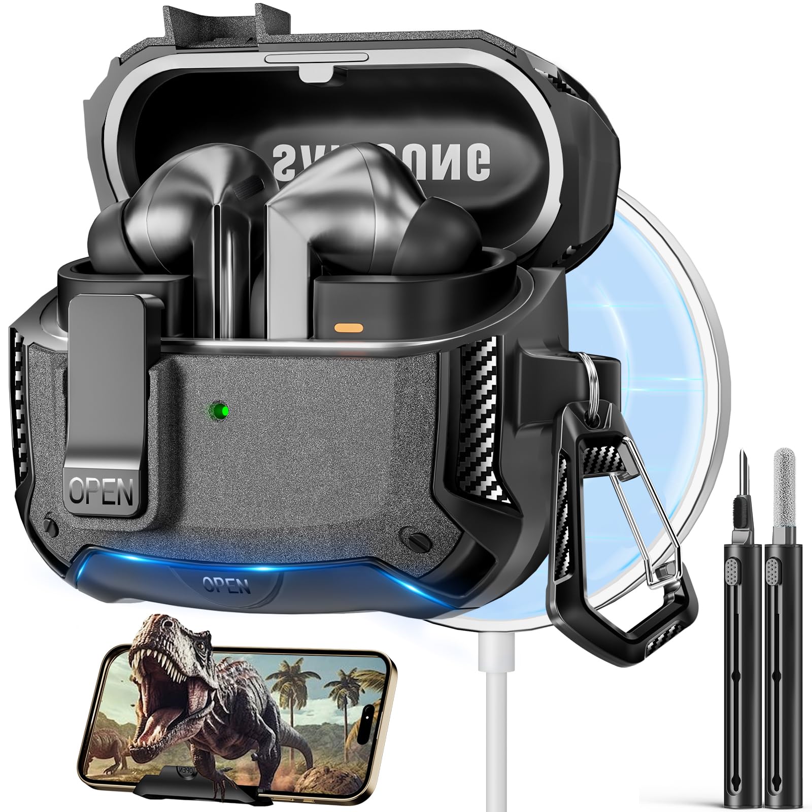 Samsung Galaxy Buds3 FE (2025) / Buds3 Pro (2024) / Buds 3 ケース (2024) 対応 携帯電話スタンド付き MagSafe対応 安全なロッククリップデザイン&クリーニングキット付き