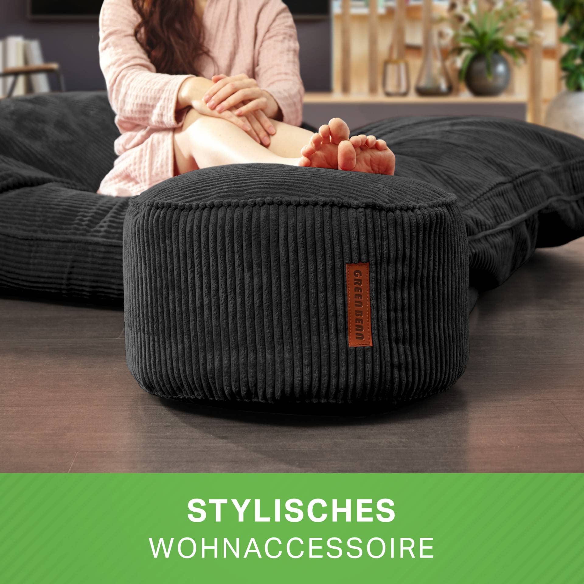 Green Bean Indoor Sitzhocker Pouf 45x25cm EPS-Perlen Füllung Cordstoff Waschbar Schwarz