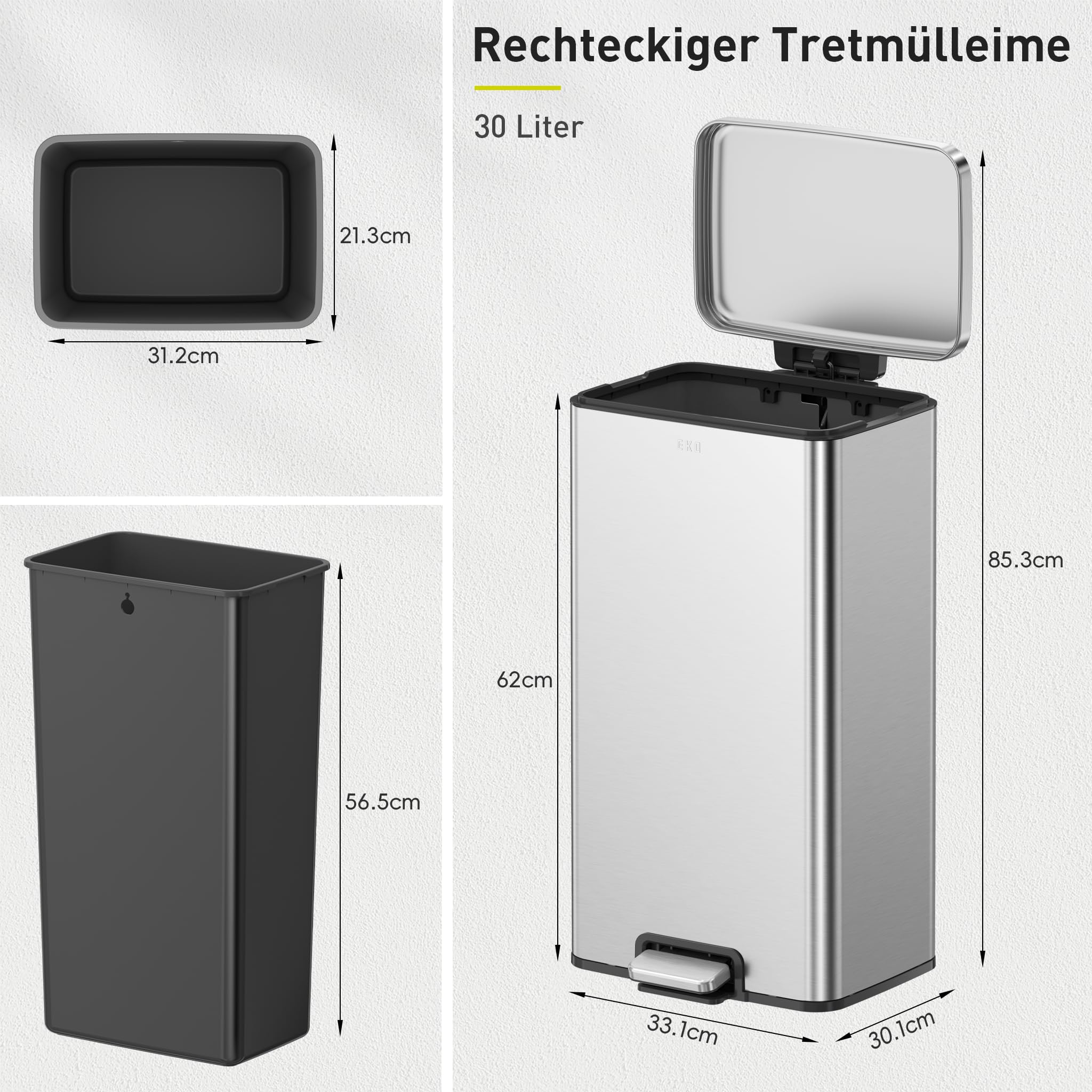 EKO Madison Mülleimer Küche 30L, Abfalleimer mit Pedal aus Fingerabdruckfreiem Edelstahl, Soft-Close Deckel & Inneneimer, Rechteckiger Kompakter Tretmülleimer mit Elegantem Robustem Design