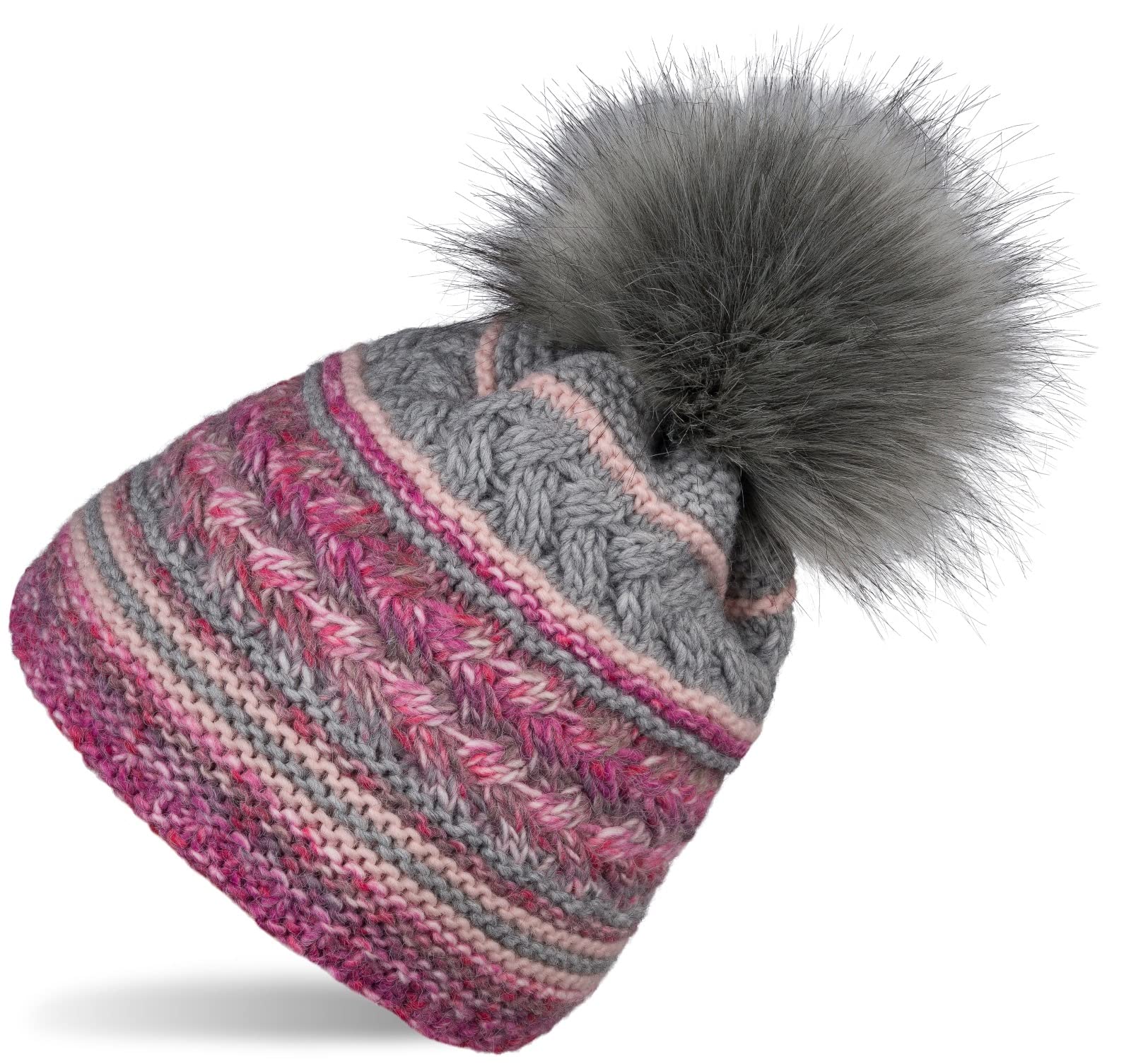 styleBREAKER Ladies Knitted Bobble hat with Colourful Pattern Mix and Fleece Lining, Winter Fur Bobble hat, Knitted hat 04024202, Colour:Grey-Pink-Rose