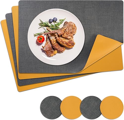 Juego de 6 manteles individuales con posavasos de doble cara, resistentes al calor, resistentes a las manchas, manteles individuales de piel