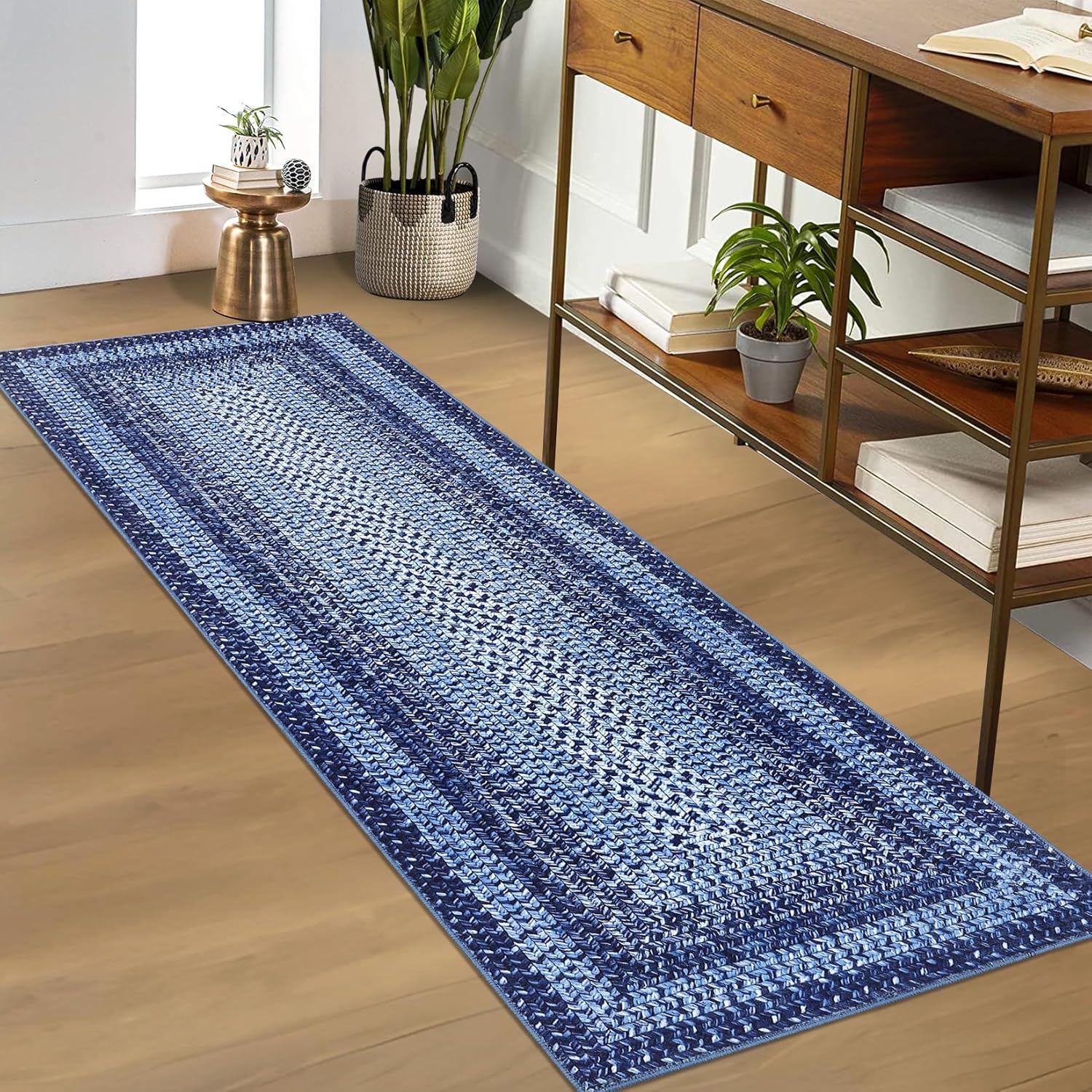 RUGSREAL 2x6 Runner Rug Braided Print Hallway Runner Rug Boho Rug Machine Washable Throw Floor Cover Non Slip Moroccan Carpet for Kitchen Farmhouse Rustic Runner for Living Room Bedroom, Navy - Image 10