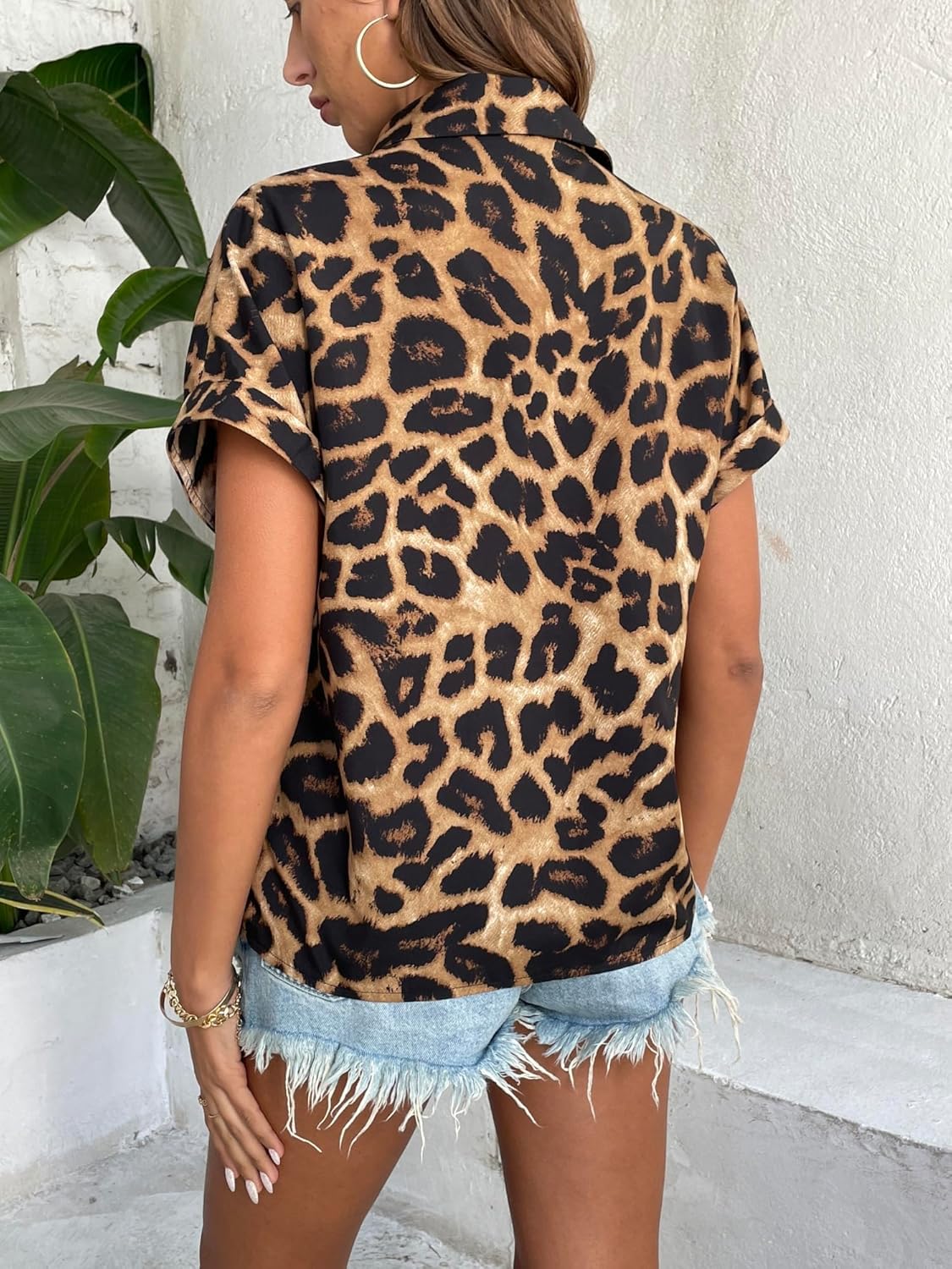 Verdusa Women's Leopard Print Tops Button Down Shirt Short Sleeve Blouses Shirts Dressy Fashion Tops - Image 2