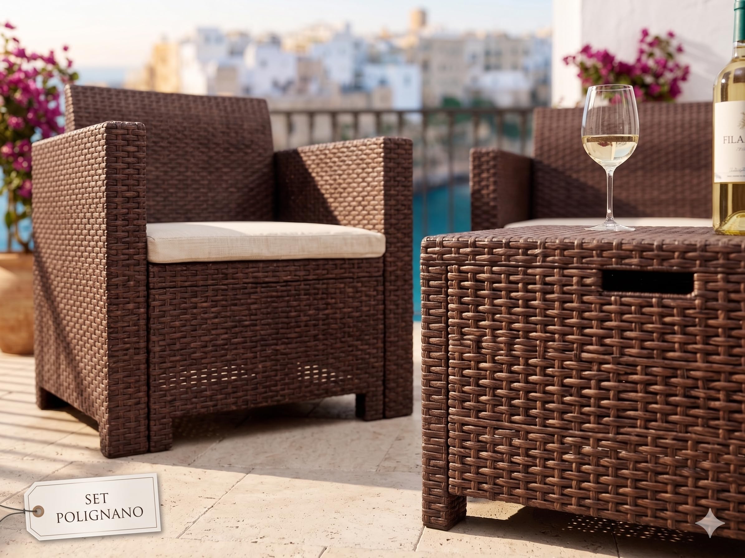 BERARDI Salon de jardin en polypropylène rotin, marron, 4 places, avec coussins, canapé, 2 fauteuils et table basse de rangement