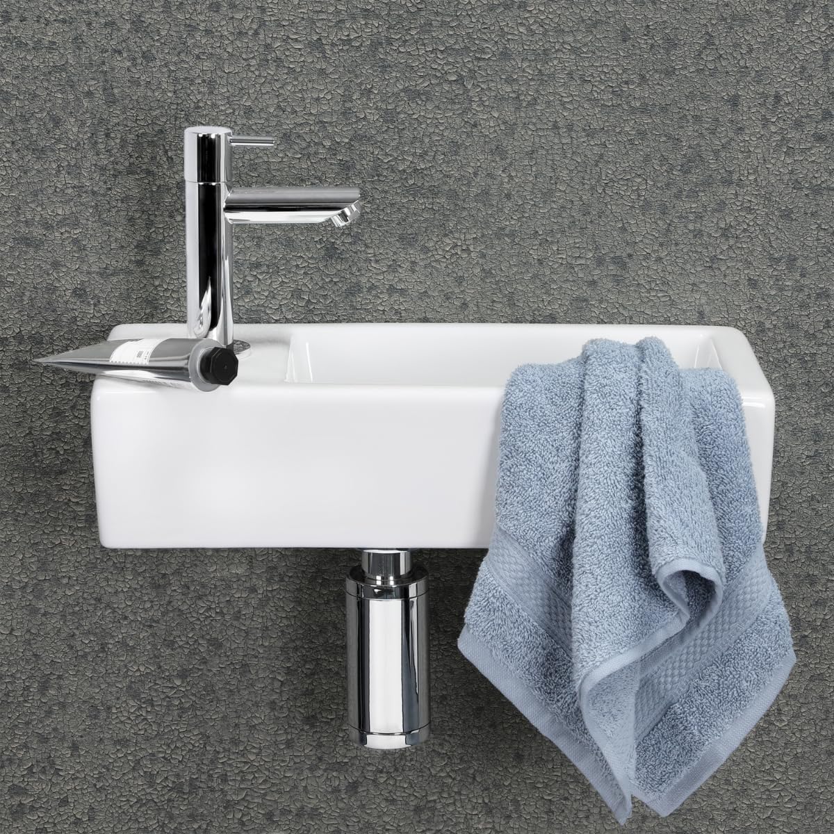 Differnz Helios Vasque – Lavabo en Céramique 37,5x18,5x9,5 cm – Ensemble Lavabo WC avec Robinet Gauche Chrome – Vasque à Poser avec Mitigeur Droit et Poignée Standard – Pour Salle de Bain ou Toilettes
