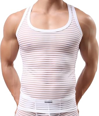 Mens Soft Mesh Striped Tank Tops Sleeveless Fitness Undershirt Vest
