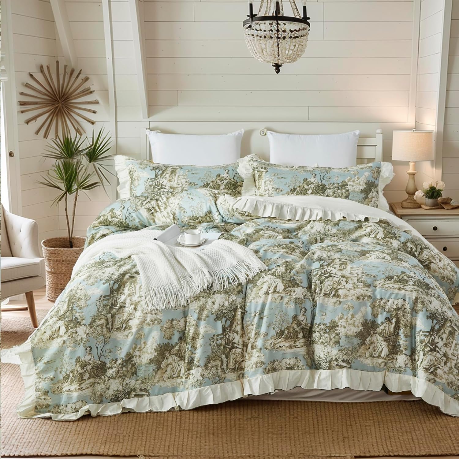 Brandream French Country Toile Duvet Cover Set Full Size for Girls Bedroom Vintage Toile Floral 100% Cotton Delicate Ruffle Fringe Soft Breathable, 3 Pieces Cottagecore Bedding with Zipper Closure - Image 7