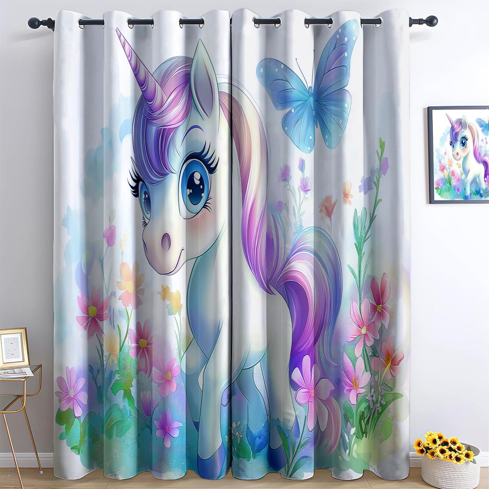 Rideau Occultant Thermique Isolant Anti Froid à Oeillets 183 x 214 cm Licorne Animal De Dessin Animé Anti Bruit Décoration de Rideau pour Chambre Salon, Couleur
