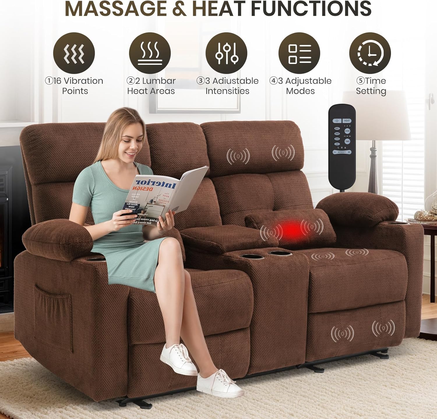 Power Reclining Loveseat with Console, Power Loveseat Recliner Sofa with Heat and Massage, Extended Footrest, Wall Hugger Recliner Loveseat with Lumbar Supports, Side Pockets for Living Room