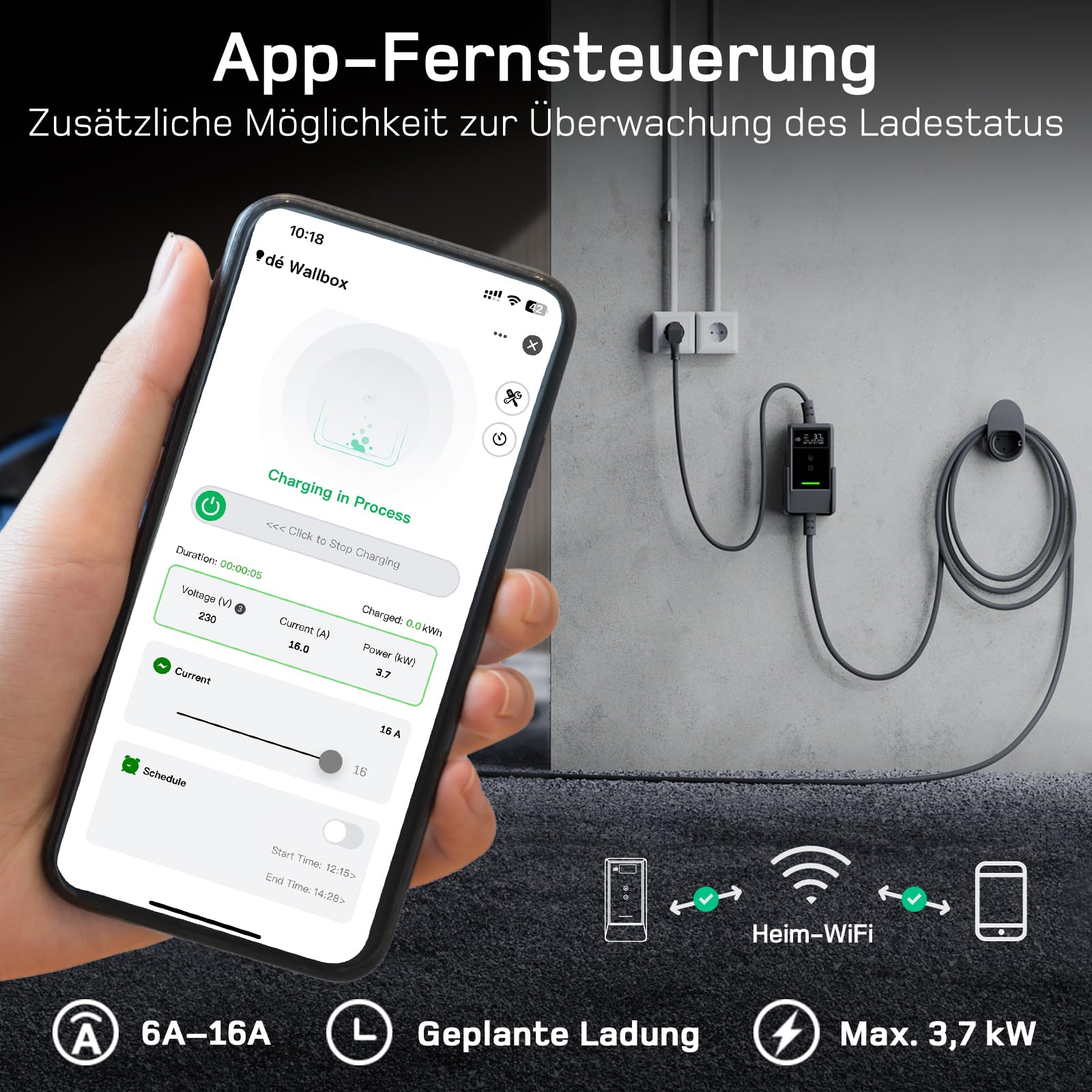 dé Typ 2 Ladekabel Schuko 3,7kW [6-16A, 1-phasig] Ladekabel Typ 2 Schuko mit Digitalem LCD - EV Charger 3,7kW für e Auto ID.3/4/5/7, Model Y/3, ENYAQ und Anderen PHEV/EV, 6,5m Schwarz