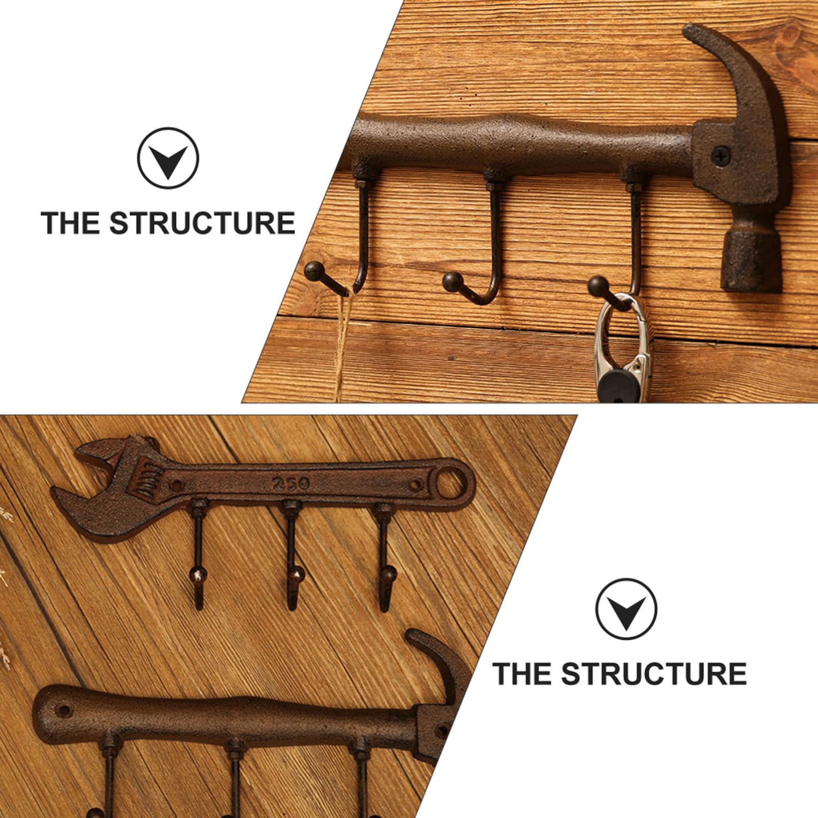 Gancio a Parete in Ferro Stile Industriale Americano, Set da 2 Ganci Appendiabiti a Forma di Martello e Chiave Inglese, Portaoggetti Decorativo per Soggiorno Cucina Bagno Ufficio