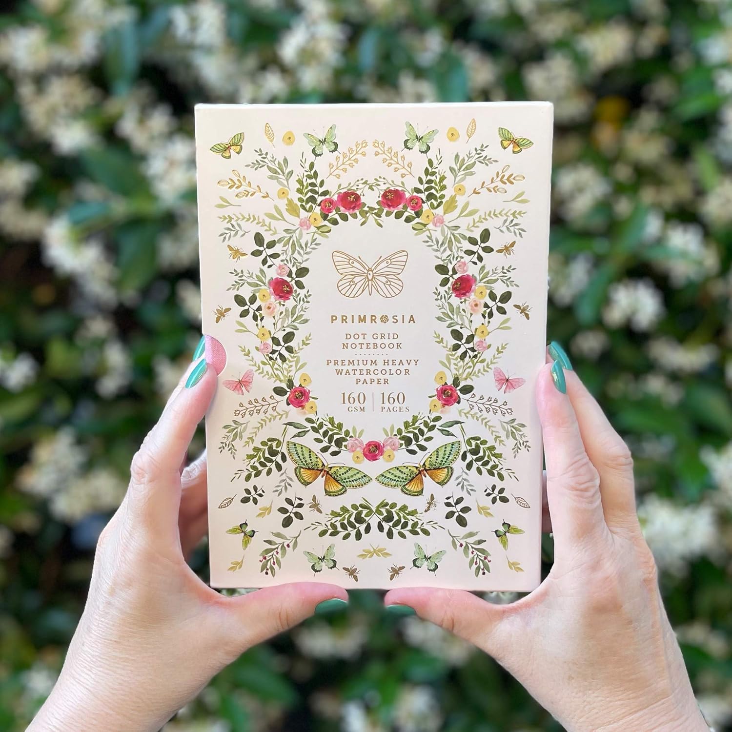 Primrosia A5 Dot Grid Watercolor Journal Notebook – 160 pages I 160gsm Premium Heavy Paper, No Bleed – Luxe Linen Hard Cover with Cute Deer Slip Cover (Pink Butterfly, 1)