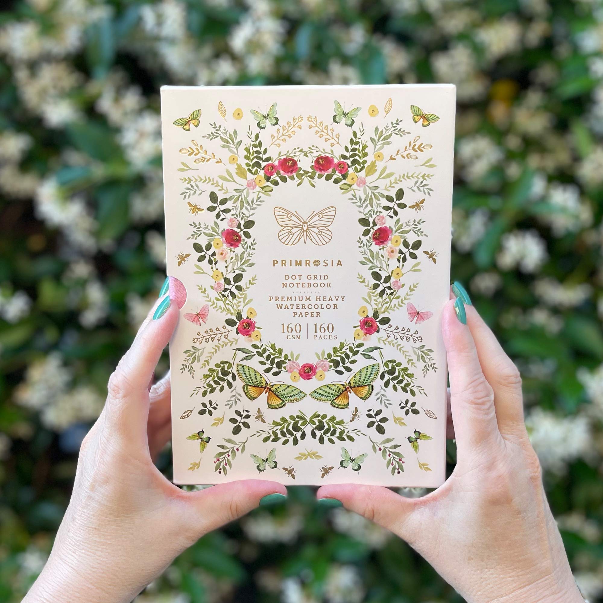 Primrosia Taccuino A5 con griglia a punti ad acquerello, 160 pagine, carta pesante di alta qualità, senza sbavature, copertina rigida in lino di lusso (farfalla rosa)