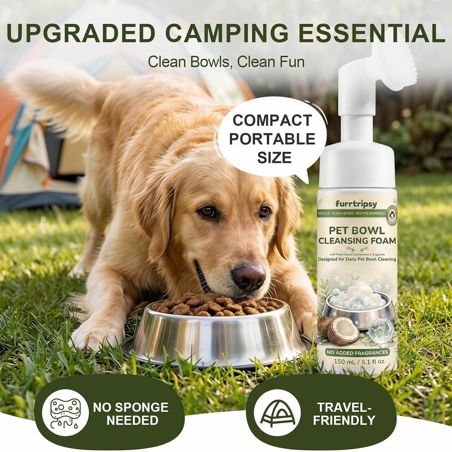 Pet Bowl Cleaner Mousse with Scrub Brush, Enzyme Formula, 5.1 oz | Unscented|Lick Safe|No Residue|Travel-size enzyme wash for dog and cat bowls, fountains, feeders, toys and bird baths