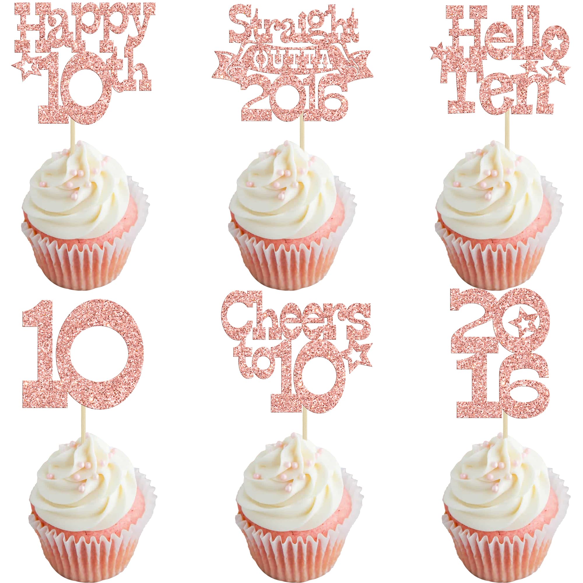 Ephlyn 30Pcs Happy 10th Birthday Cupcake Toppers Glitter Ten Straight Outta 2016 Cupcake Picks Cheers to 10 Years Cake Decorations for 10th Birthday Party Supplies Rose Gold