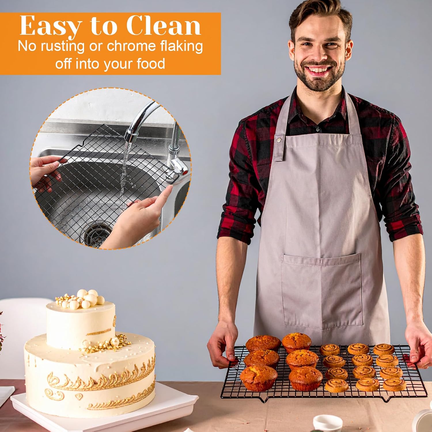 5PCS 15.74" x 9.84" Black Stainless Steel Cooling Racks for Baking, Cooking, Roasting, and Grilling, Baking Rack Oven Safe & Dishwasher Safe Heavy Duty Wire Rack Set