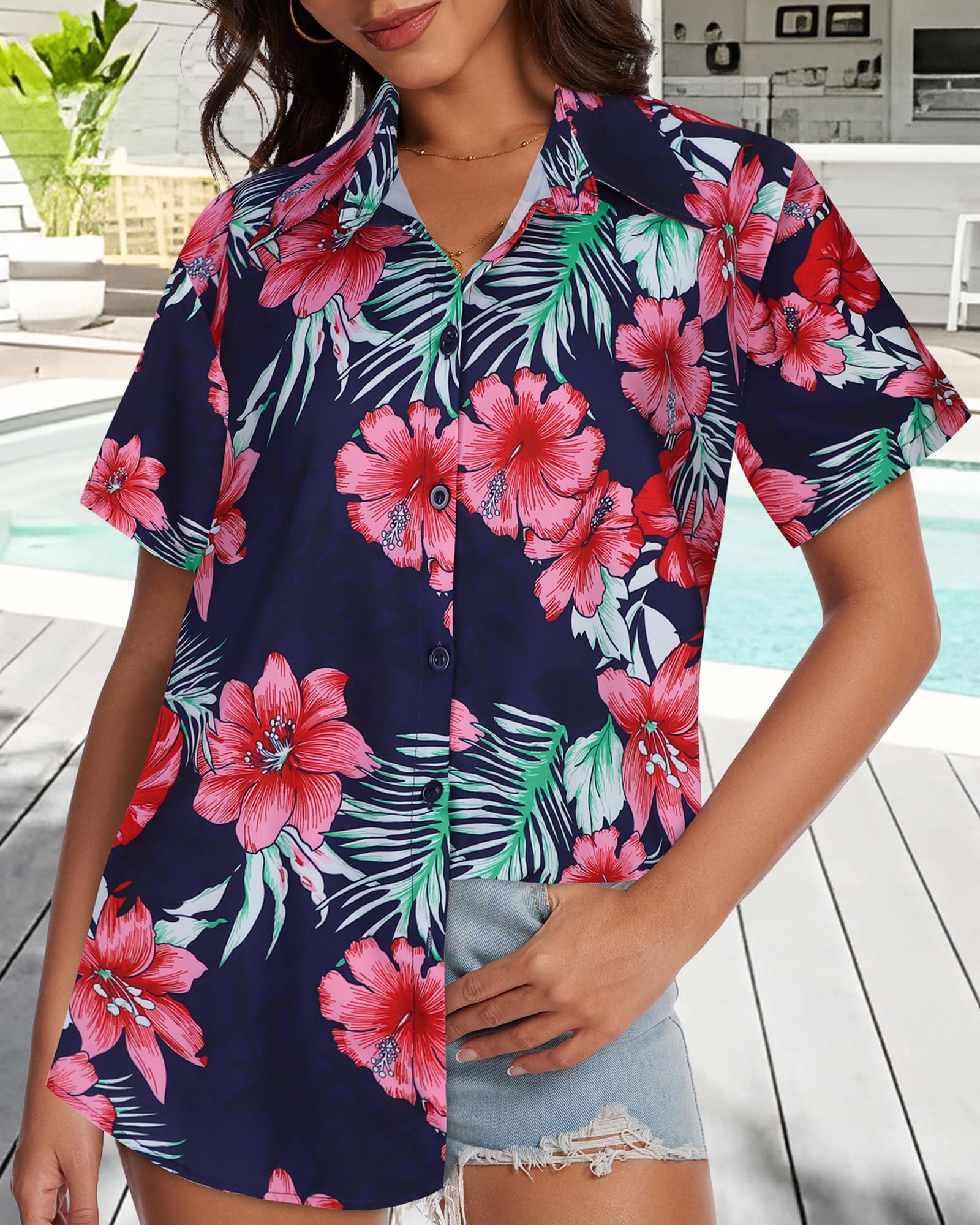 Gosunny Chemise hawaïenne pour femme - Chemise d'été tropicale hawaïenne à manches courtes - Chemisier de plage avec boutons
