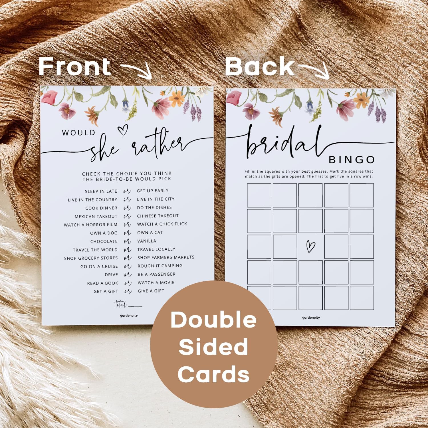 GardenCity Wildflower Bridal Shower Games Bundle – 4 Elegant Bridal Shower Games for 30 Guests + 30 Gold-Foil Heart Pencils, Double-Sided Floral Cards, Perfect for Bridal Showers & Weddings image 3