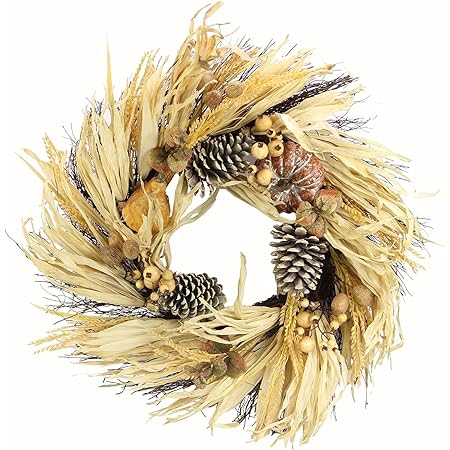 Admired By Nature 24 Inch Artificial Pumpkin Wheat Berry Corn Husk Wreath For Hanging Wall Window Fornt Door Home Office Farmhouse Thanksgiving Harvest Cemetery Wreaths Indoor Outdoor Decoartion