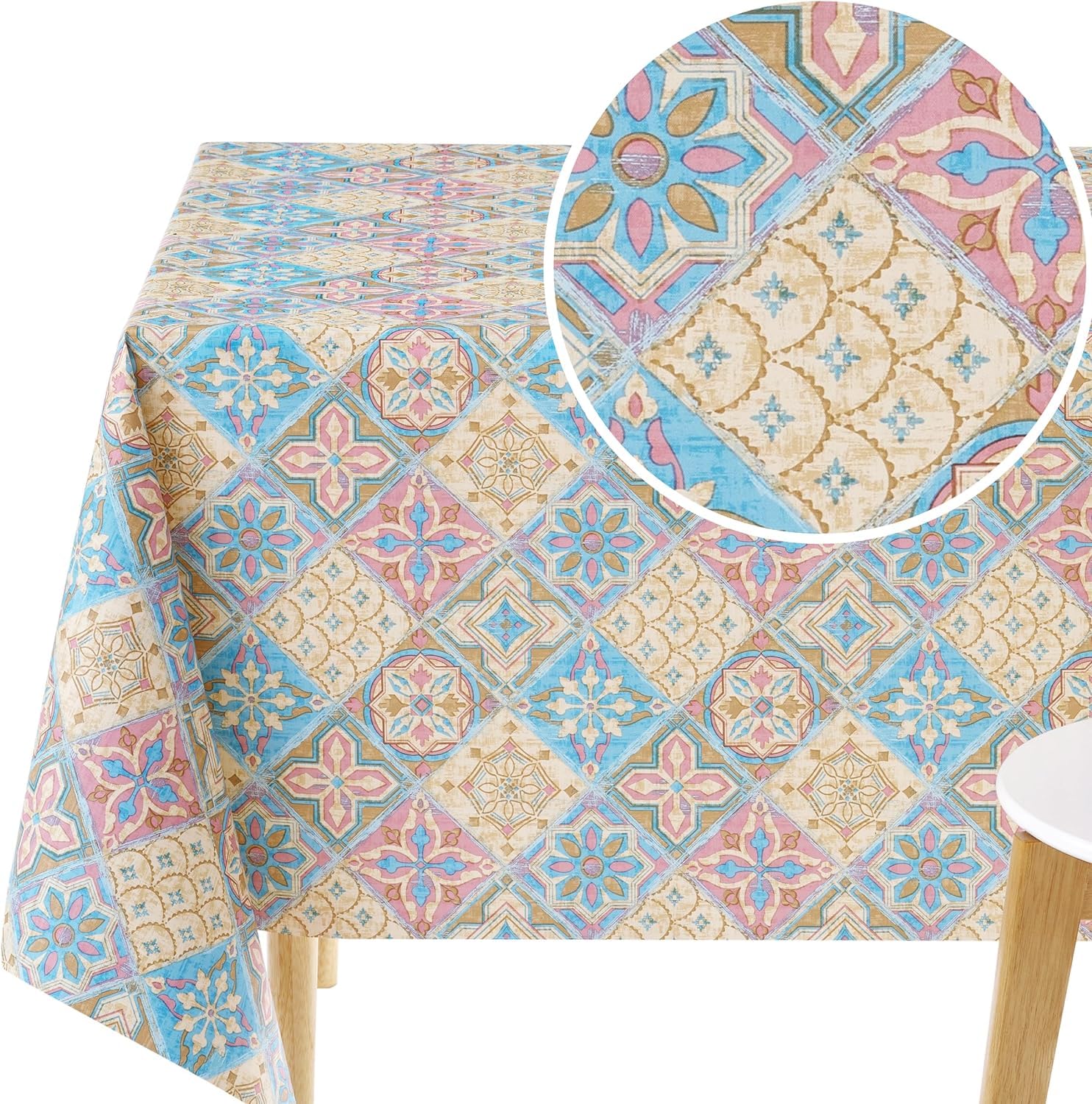 KP HOME PVC Table Cloth Wipe Clean Lisbon Tiles Pattern Vinyl Tablecloth Pink Beige Blue Square 140 x 140 Portuguese Azulejo Table Cover 4 Seat