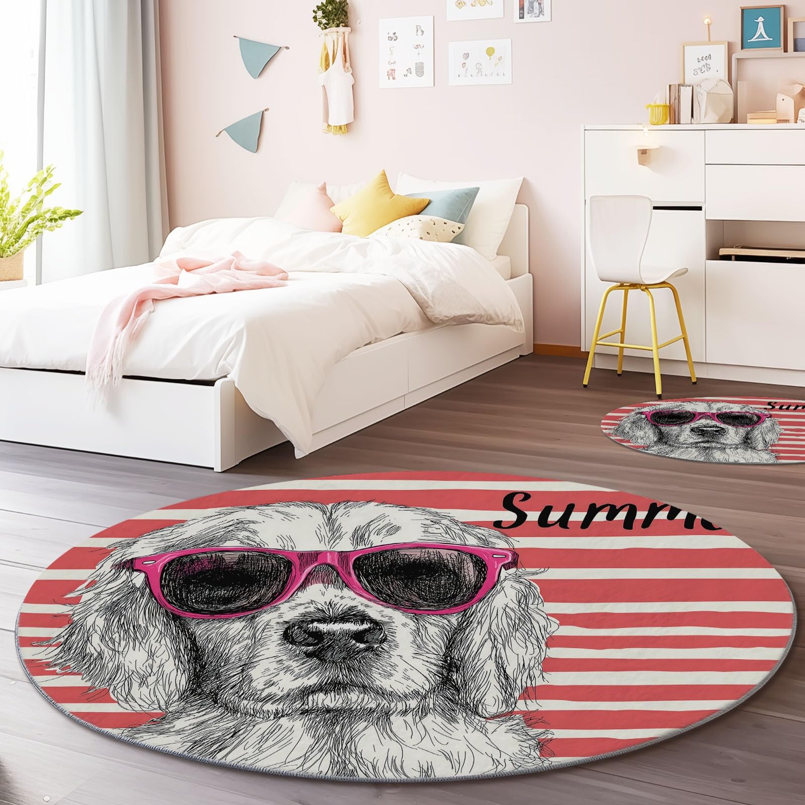 Generisch Teppich Rund Hundestreifenmuster 160 cm rutschfest Waschbar, Weicher Handgezeichneter Stil Runder Teppich für Kinderzimmer Babyzimmer Wohnzimmer Schlafzimmer Flur Innenbereich, Rosa
