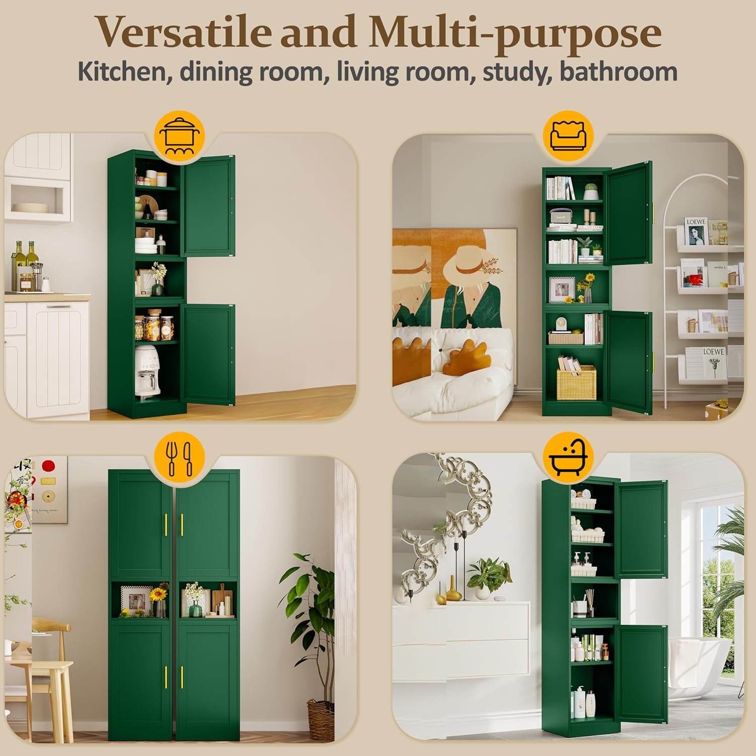 66.93" Tall Kitchen Pantry Cabinet, Metal 6-Tier File Storage Cabinet with 2 Doors & Shelves, Modern Steel Bathroom Storage with Open Countertop for Kitchen Living Room Bedroom Hallways, Green