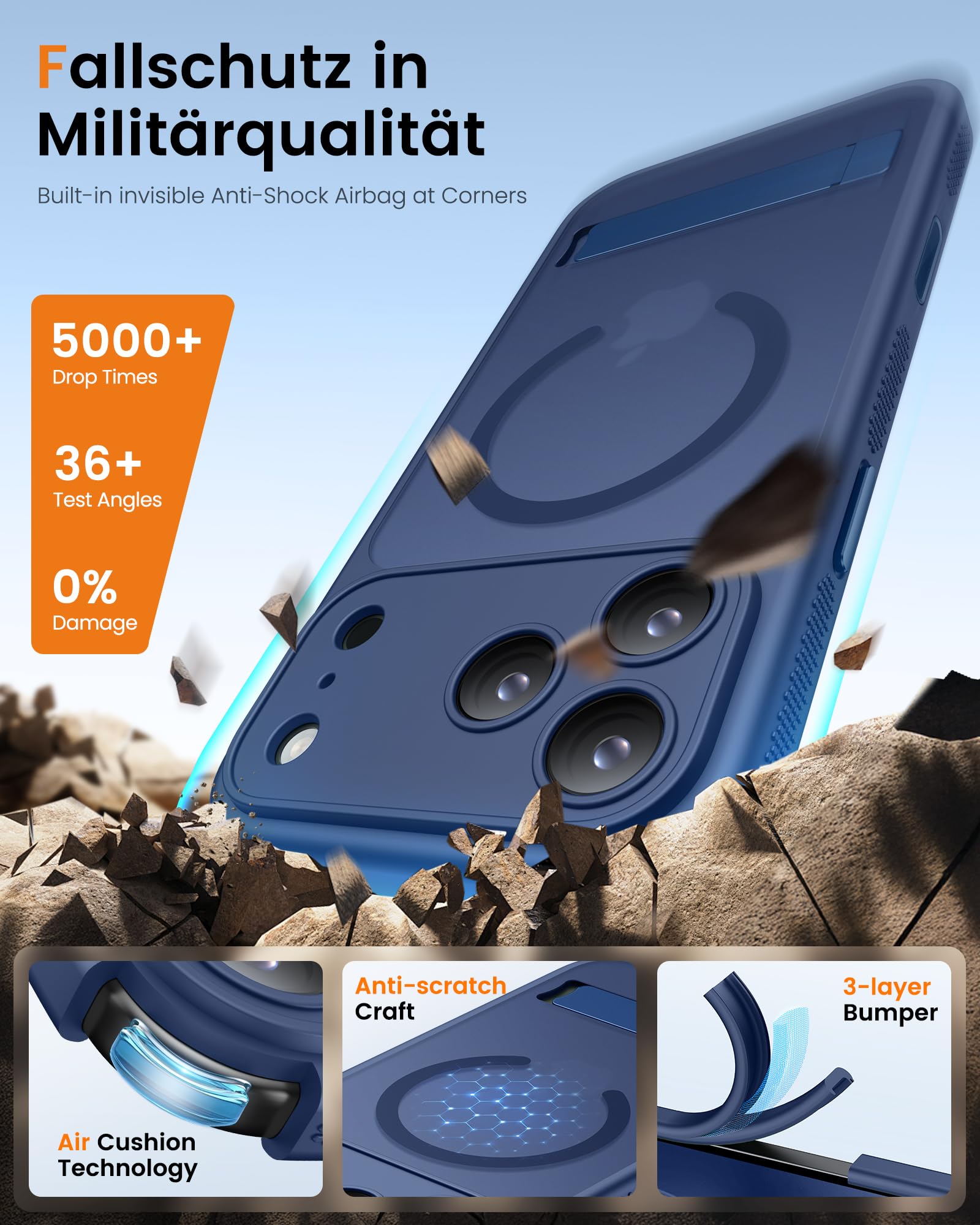 Coque Fine pour iPhone 17 Pro Max, Protection Militaire, Compatible avec MagSafe, Coque avec Béquille, Protection Camera, Bouton Camera Control, Housse Translucide Mat iPhone 17 Pro Max, Bleu