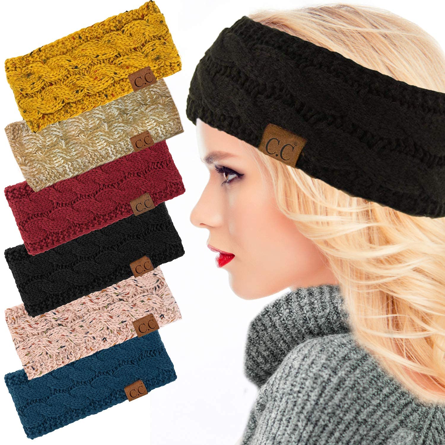 Women's Soft Winter Ear Warmer Cable Knit Headband (Black)
