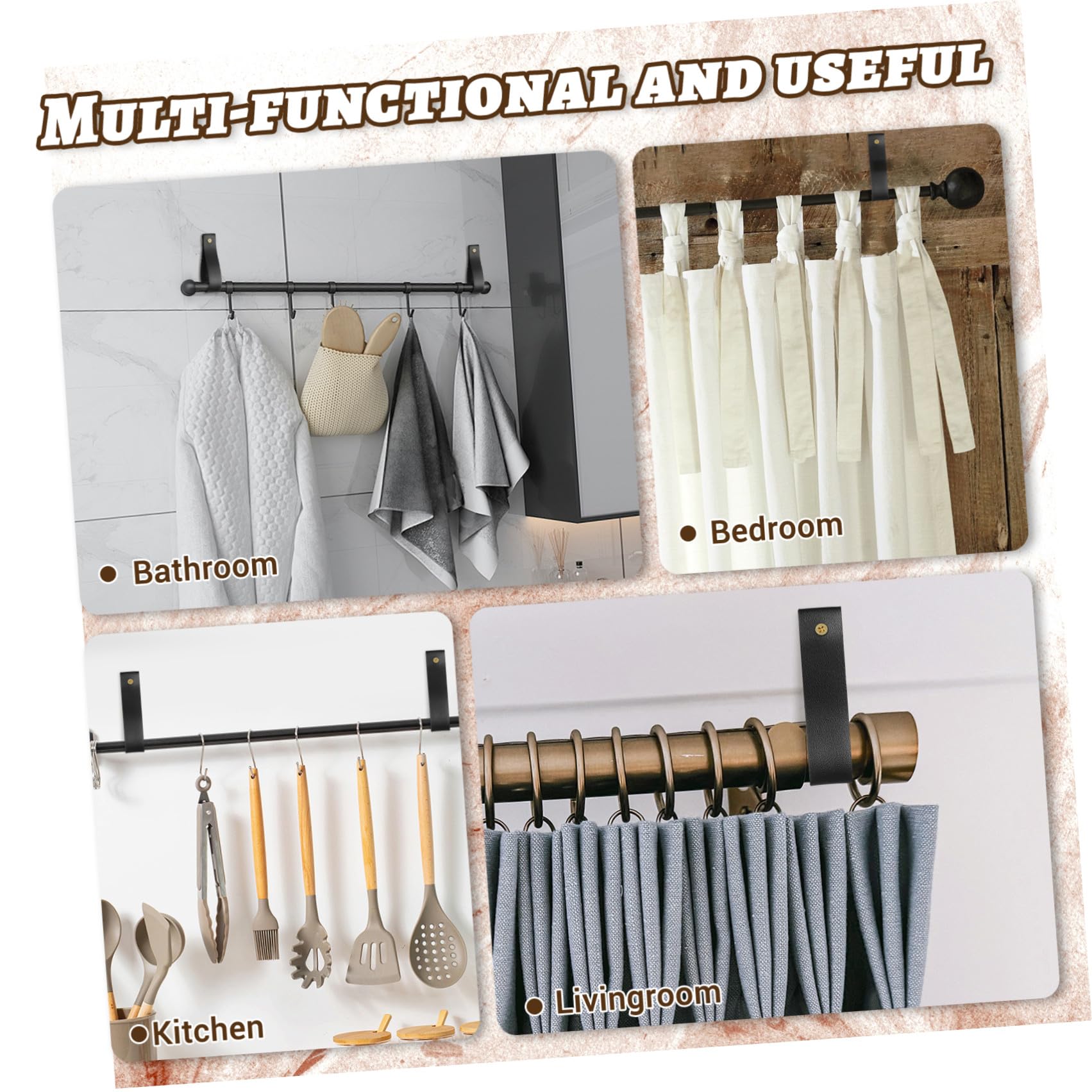 Gadpiparty 4 Pièces Support De Tringle À Rideaux en PU Crochets Muraux Bohème Sangles De Tringle À Rideaux en PU pour Salle De Bain Cuisine 4.72 X 0.98 X 0.79 Po