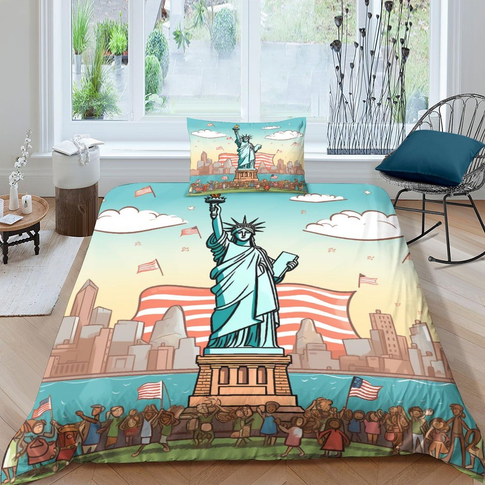 Housse de couette zip Statue de la Liberté anti-plis lit simple 135x200