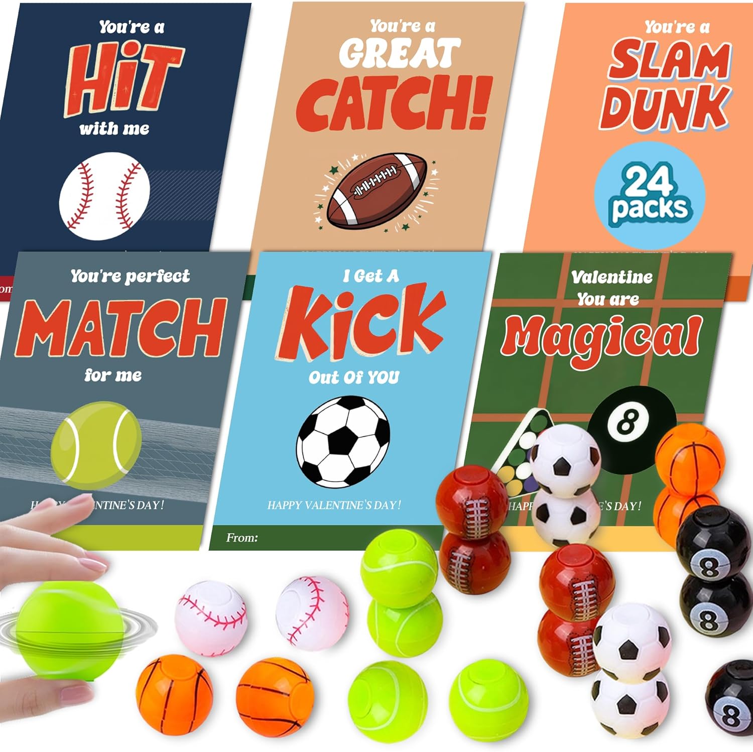 24 Packs Valentines Day Cards for Kids School with Fidget Spinner Sport Balls, Boys Girls Classroom Exchange