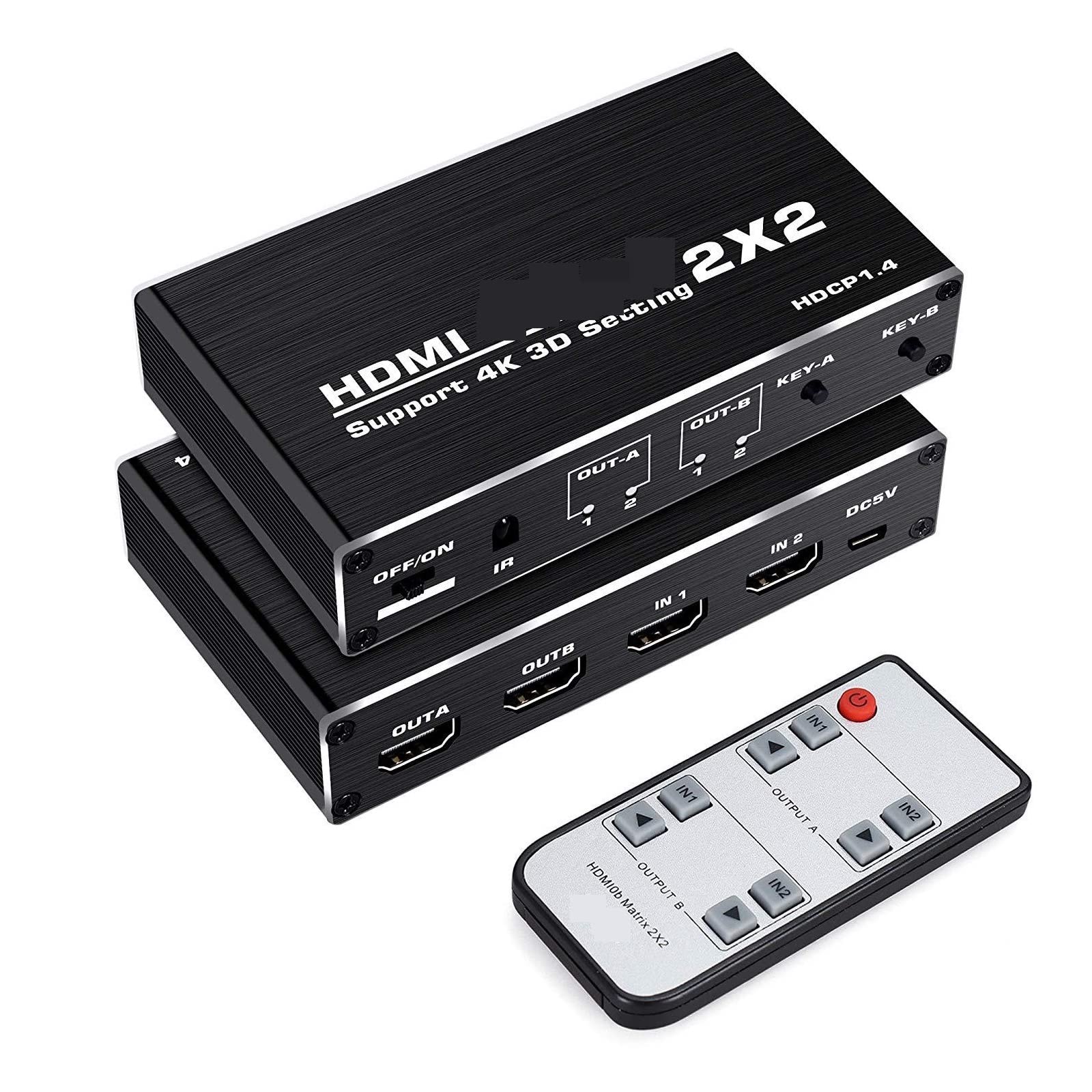 HDMI-Switch-Splitter, 4K HDMI Switcher Matrix 2x2 HDMI Matrix 2 In 2 Out HDMI Switch Splitter Konverter Matrix 4K 30Hz HDCP1.4 mit IR Fernbedienung Einfach einzurichten