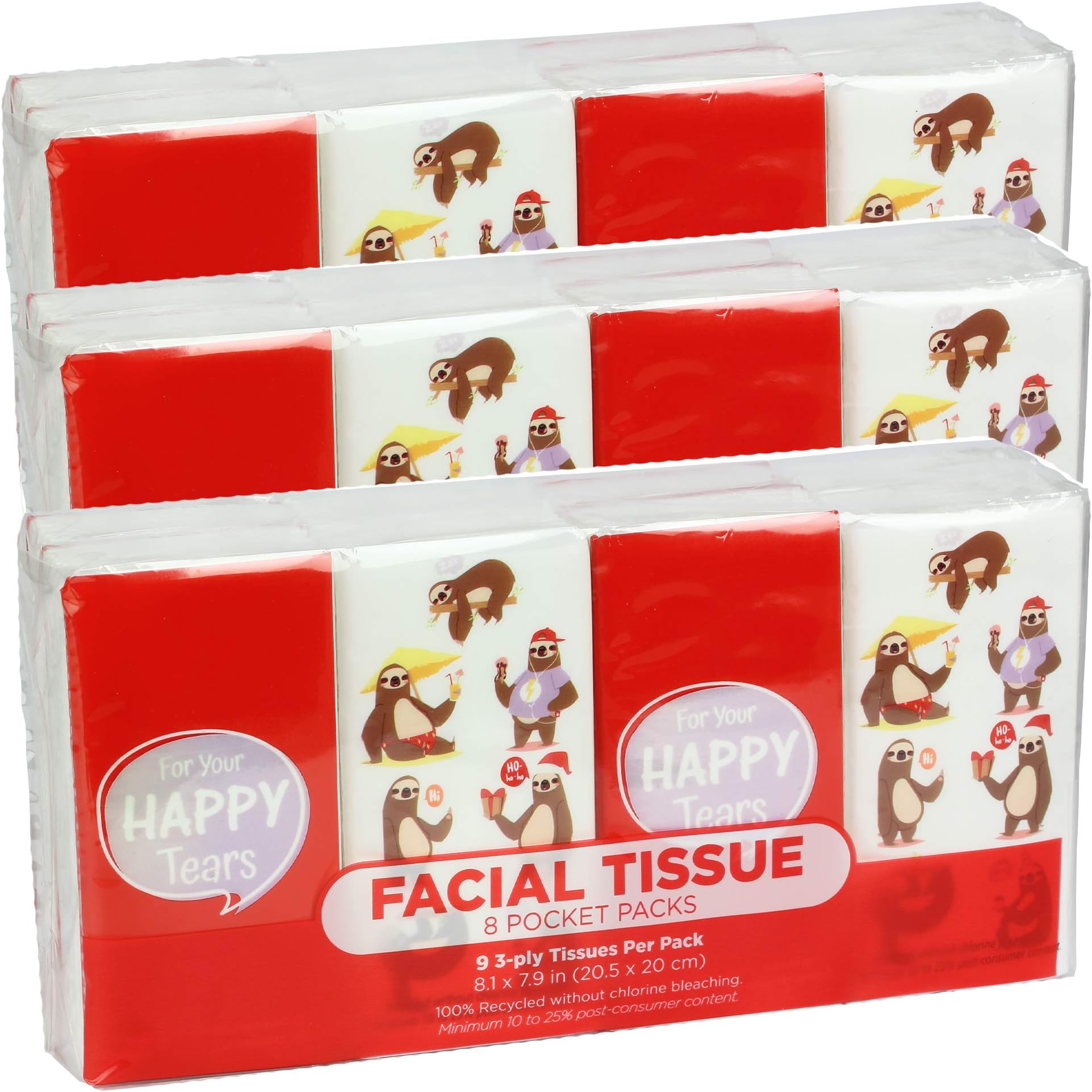 Funwares Pocket Sized White Travel Facial Tissue, 24 Packs, 216 Sheets, Sloth Print Designed Package, 24 Pack