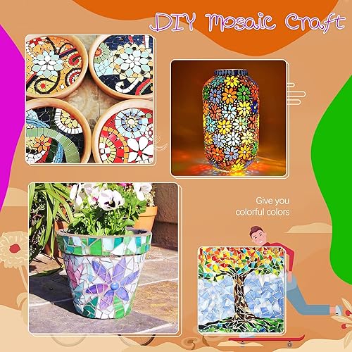 Miniatura 6 de Azulejos de mosaico de pétalos de colores mixtos, piezas de vidrio de mosaico manchadas con gotas de agua con gemas redondas de vidrio plano para